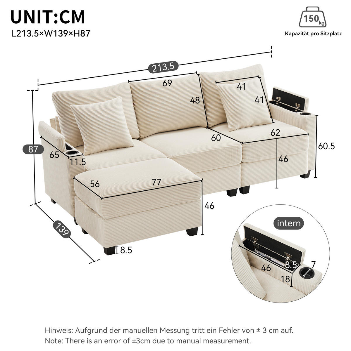 ECKSOFA 213,5/139/87 cm beige aus Cord mit USB-Anschluss und Hocker - Beige, Textil (139/213.5cm) - OKWISH