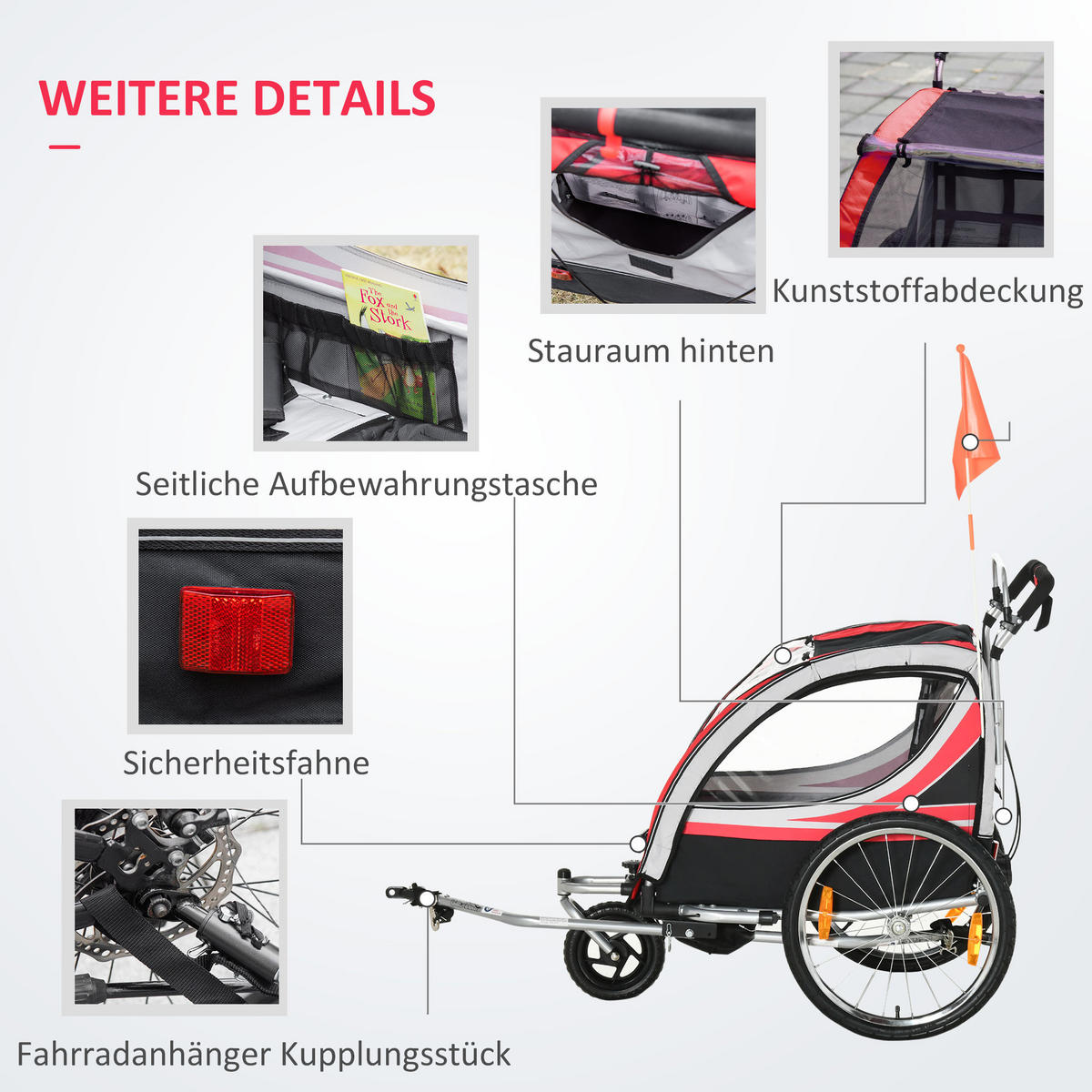 KINDERANHÄNGER, Kinderfahrradanhänger, Rot - Rot, Metall (75/101/142cm) - HOMCOM