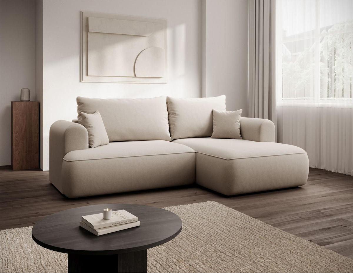 ECKSCHLAFSOFA Ovo Mini Creme Easy-Clean-Samtbezug - Creme/Schwarz, Kunststoff/Textil (238/156cm) - Selsey