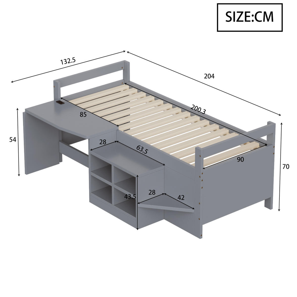 KINDERBETT 90/200 cm DE-01454, in Grau, mit Schreibtisch und Steckdose - Grau, Holzwerkstoff (90/200cm) - ComfortXL