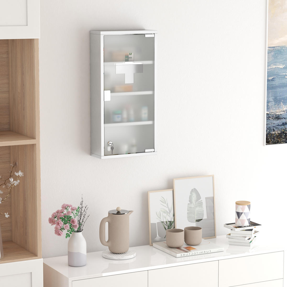 MEDIZINSCHRANK, Erste Hilfe, mit Schloss, Edelstahl, 30 x 12 x 60 cm - Silberfarben, Glas (12/60/30cm) - HOMCOM