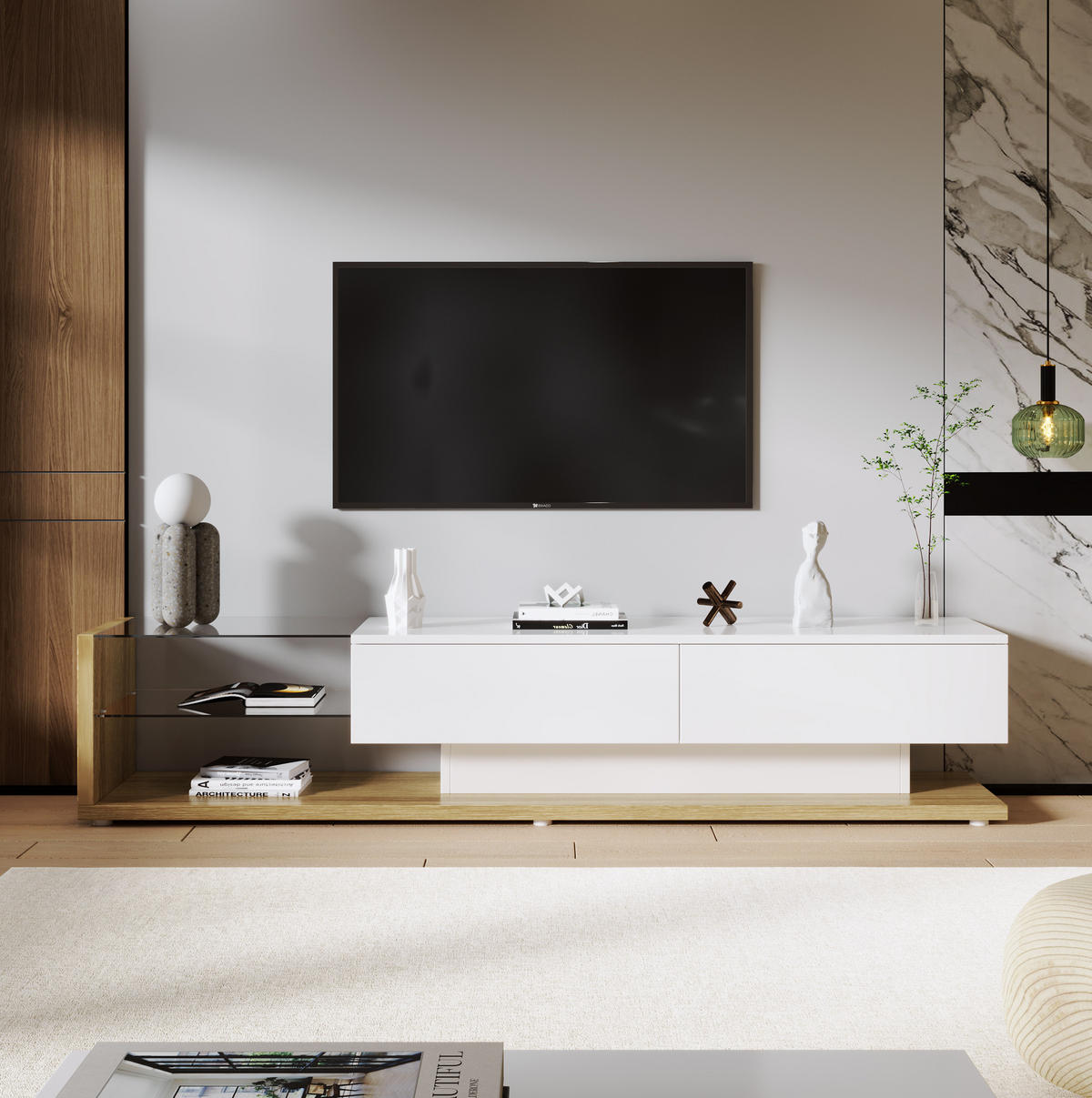 TV-SCHRANK in Weiß Hochglanz mit LED, Schubladen und Glasböden 170/38/36 cm - Weiß, Holzwerkstoff (170/38/36cm) - Redom