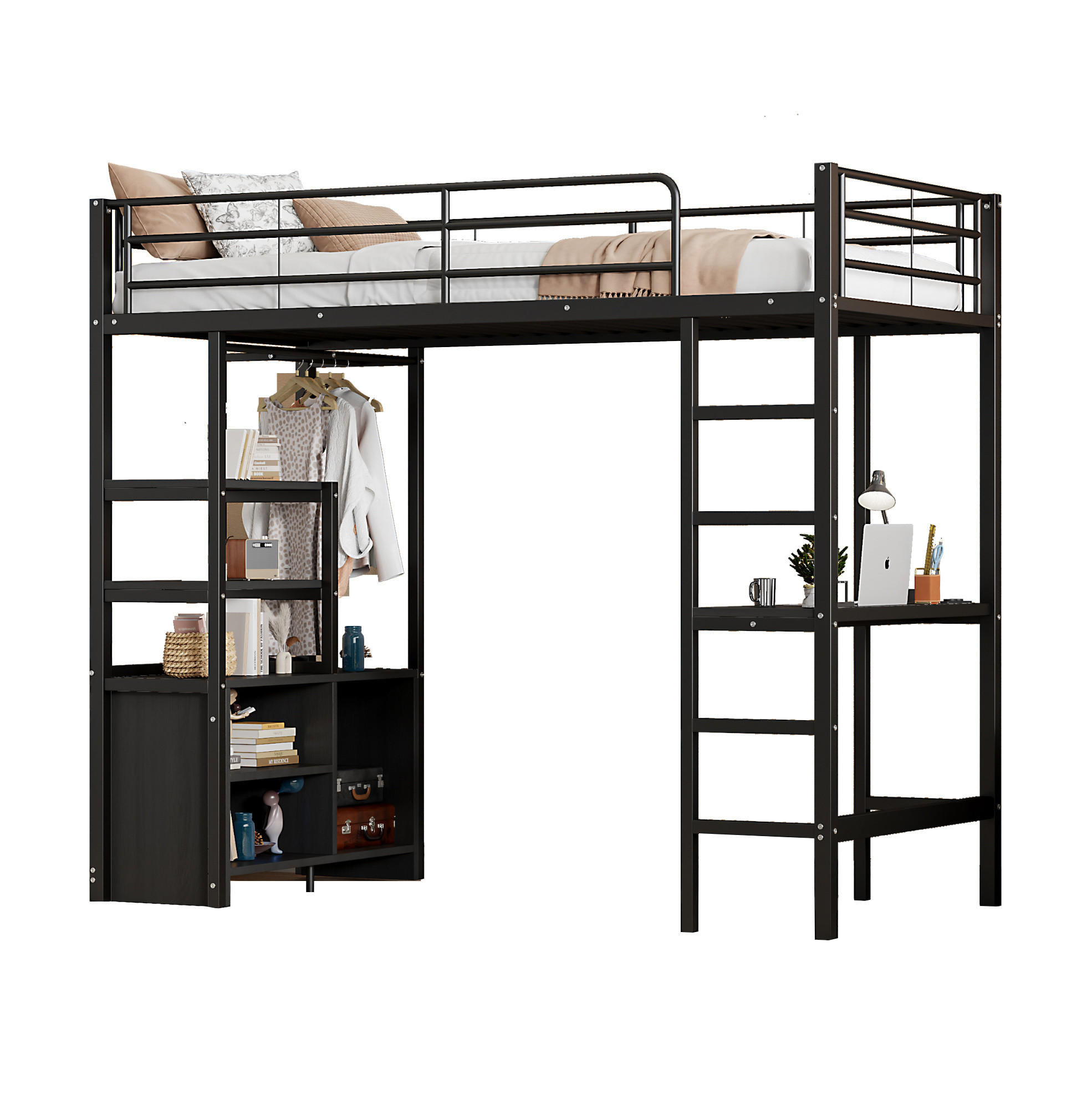 HOCHBETT 90/200 cm Schwarz aus Metall mit Schreibtisch und Regalen - Schwarz, Metall (90/200cm) - OKMYHOME