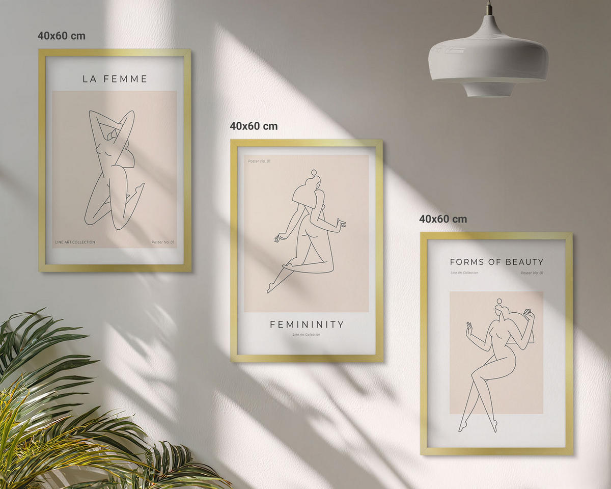 WANDBILDER 3er Set - 40x60 cm Goldrahmen - Poster mit minimalistischen Frauensilhouetten - Goldfarben, Kunststoff (40/60cm) - ArtPrintCave