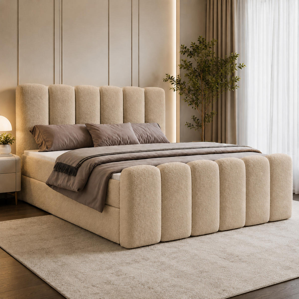 BOXBETT NOLA 160x200 mit Bettkasten, Matratze & Topper – Beige Bouclé - Beige, Textil (160/200cm) - Luxkor24