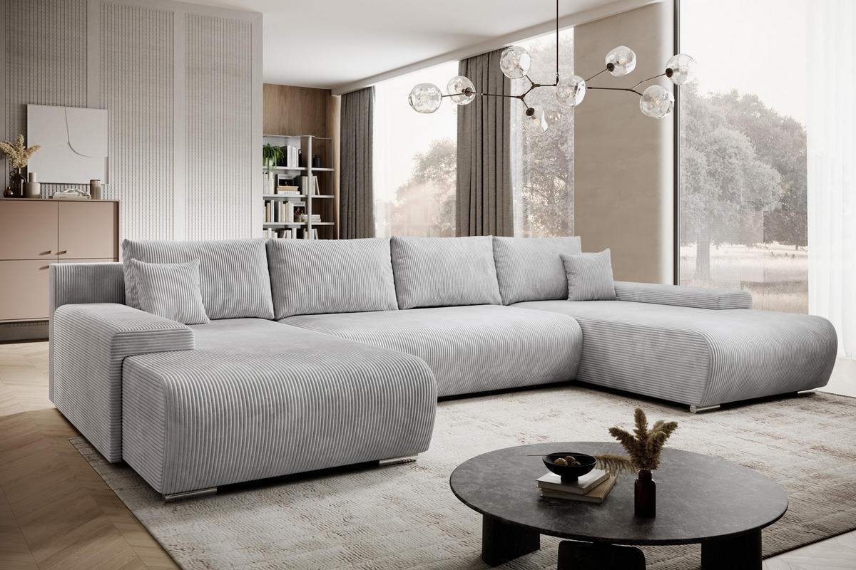 ECKSOFA Credo mit Schlaffunktion und Bettkasten, Couch U-Form, 348x81x185 cm, Hellgrau - Hellgrau, Holz (348/170cm) - PROMETO Möbel