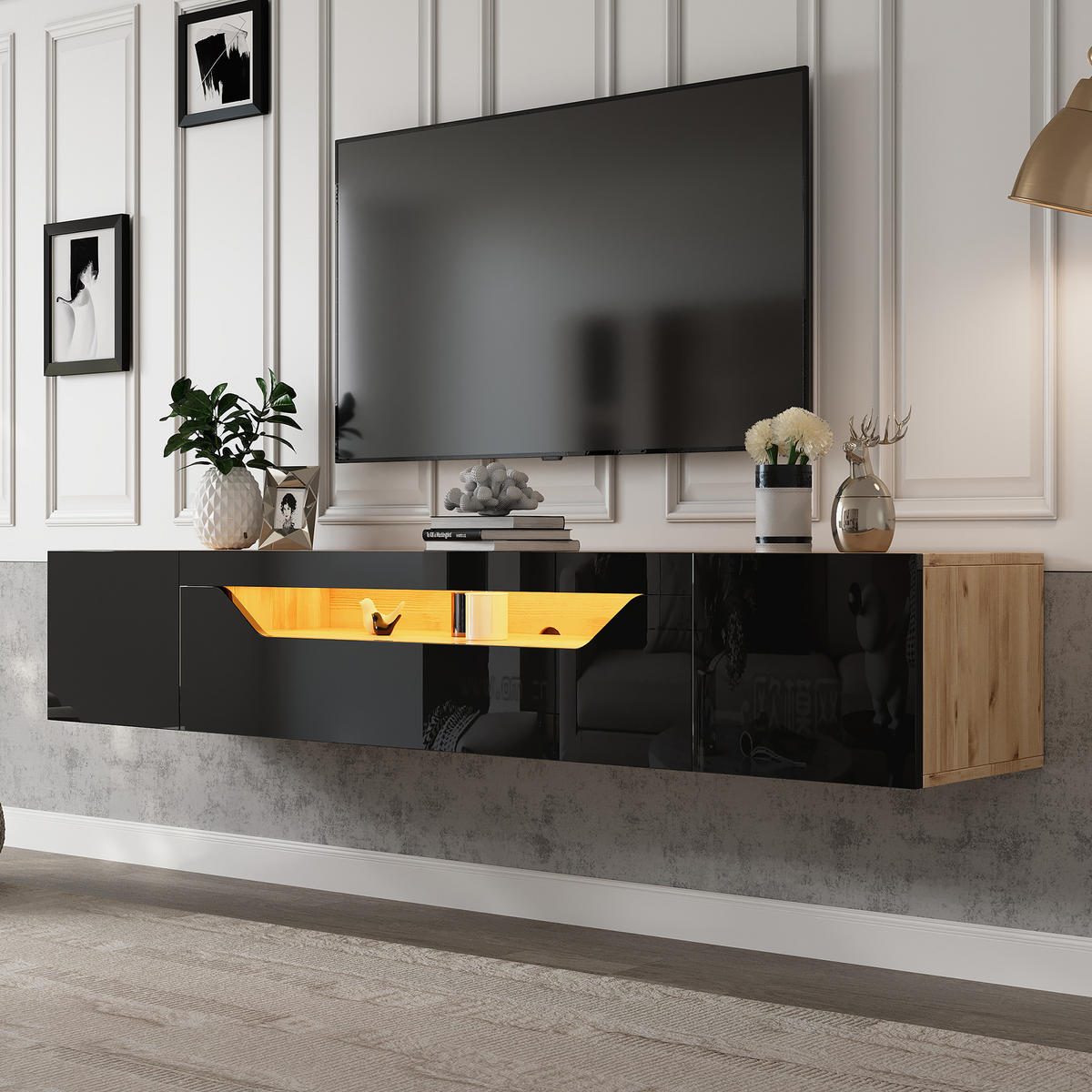 LOWBOARD Verona Schwarz Naturfarben 180/37/36 cm - Beige, Holzwerkstoff (180/36/37cm) - PANGIVO