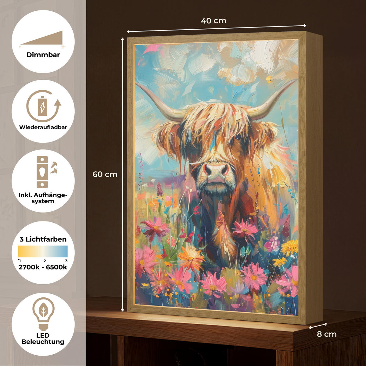 NÁSTĚNNÁ LAMPA S AKUMULÁTOREM Skotský horal - Příroda - Barevné - Květiny 40x60 cm - různobarevná, kompozitní dřevo (40/60/8cm) - OnlyWow