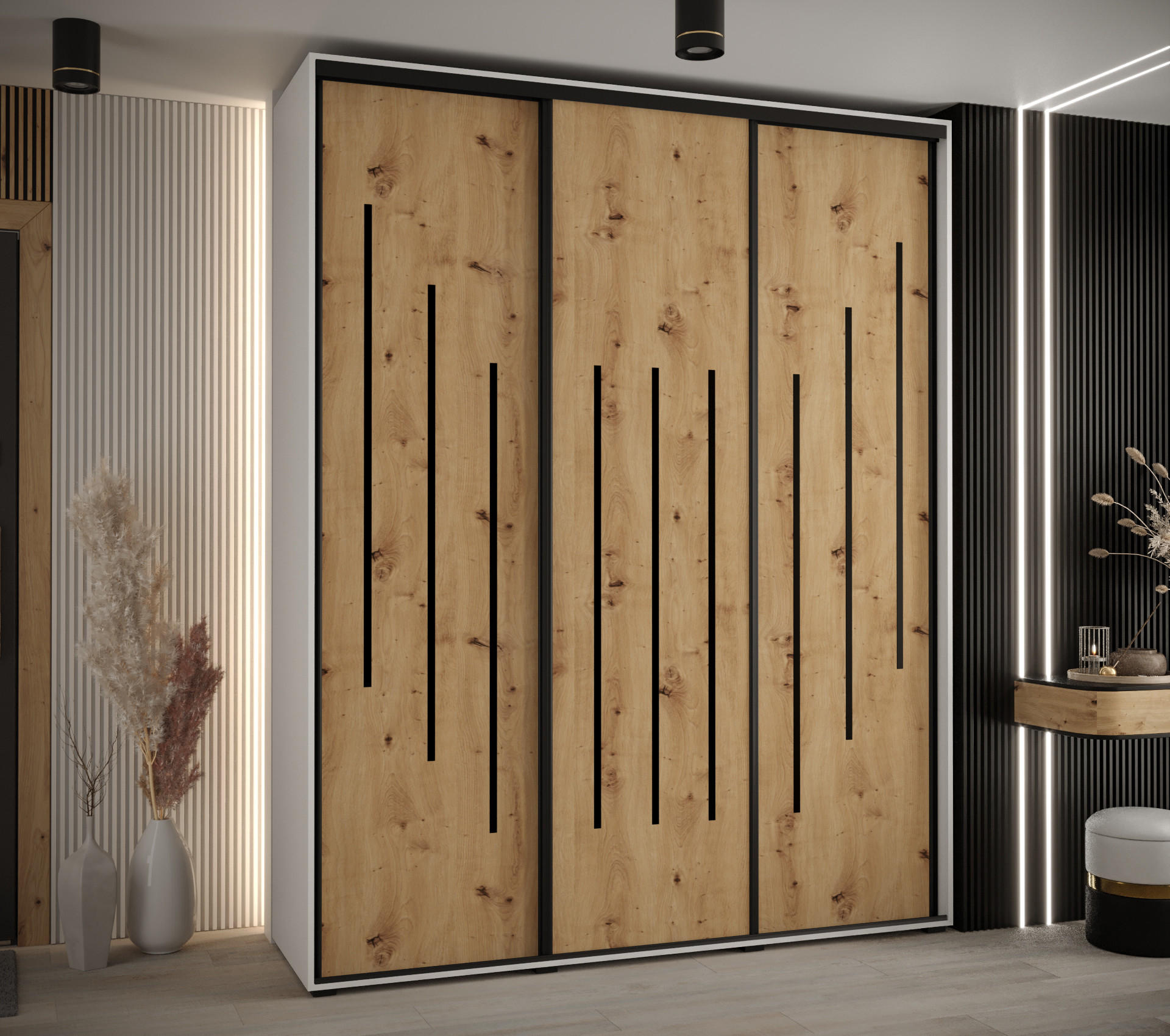 SCHWEBETÜRENSCHRANK 235,2/200/60 3-türig - Silberfarben/Eiche Artisan, Holz/Metall (200/235/60cm) - Abiks Möbel