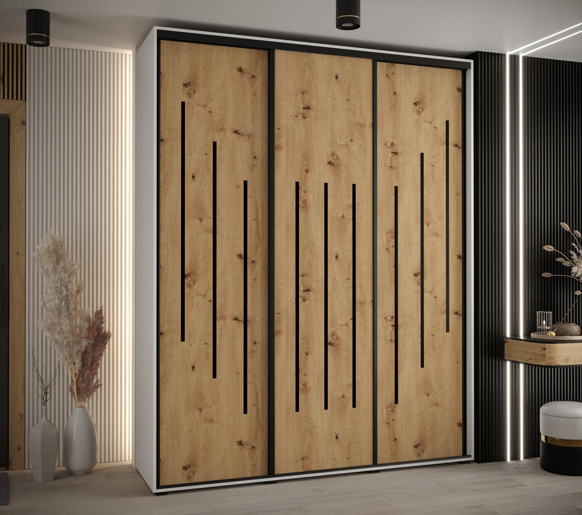 SCHWEBETÜRENSCHRANK 235,2/200/60 3-türig - Silberfarben/Eiche Artisan, Holz/Metall (200/235/60cm) - Abiks Möbel