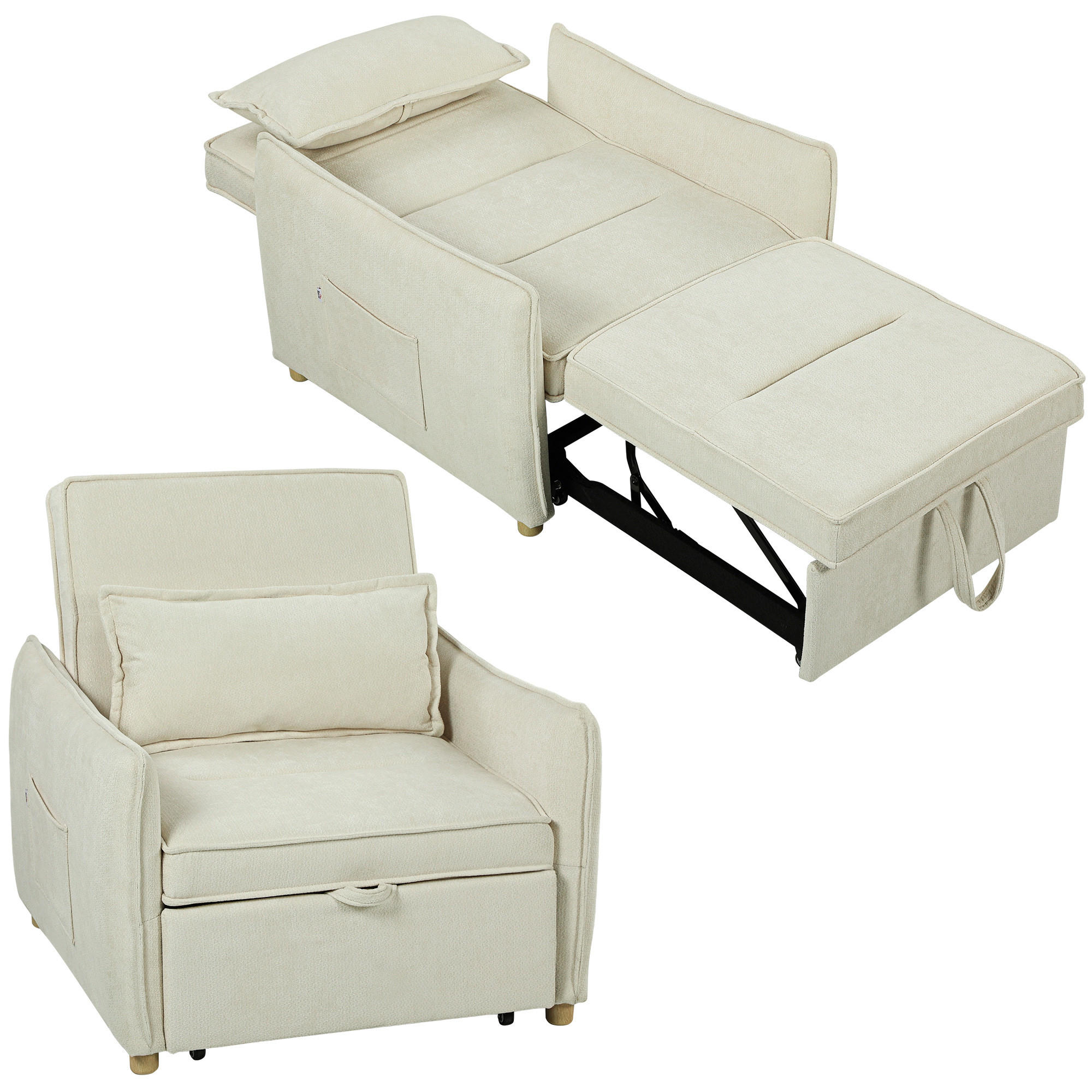 SCHLAFSESSEL 3-in-1 DE-08245 umwandelbar mit Bettfunktion & Lendenkissen Creme - Creme, Holzwerkstoff (88/87/84cm) - ComfortXL