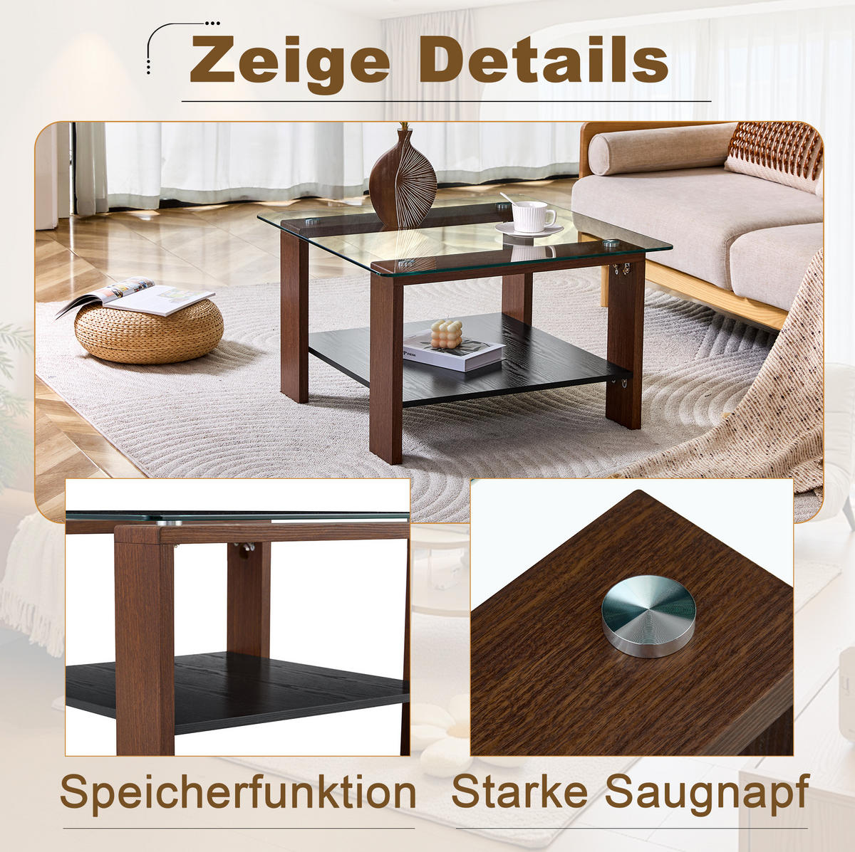 KAVNA mizica 65x41x45,5 cm, oreh dekor, steklo z odlagalnim prostorom - barva oreha, leseni material (75/75/45.5cm) - BEAOK