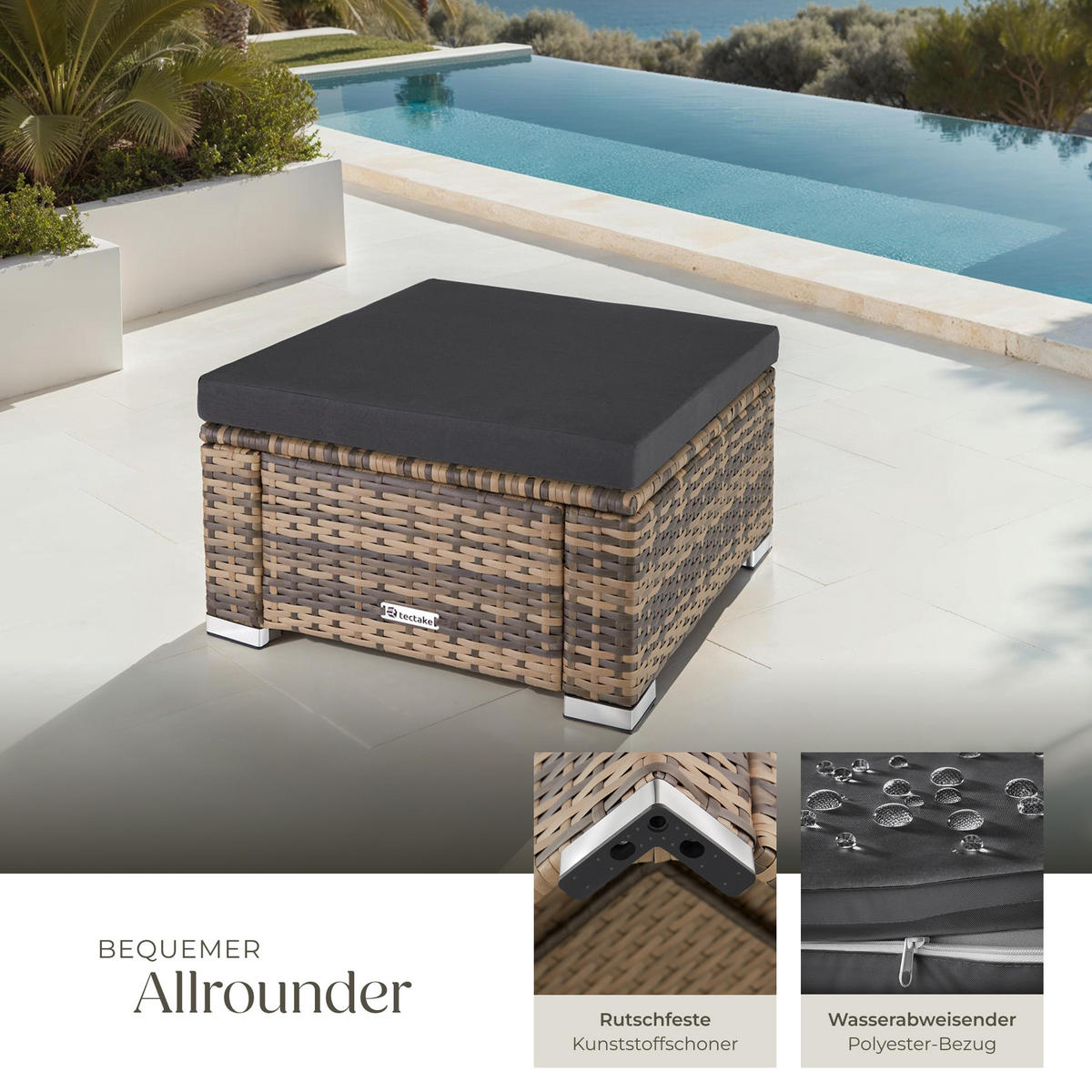 RATTAN-SITZHOCKER Bitonto,53 x 53 x 26 cm,natur - Naturfarben, Kunststoff (53/26/53cm) - tectake