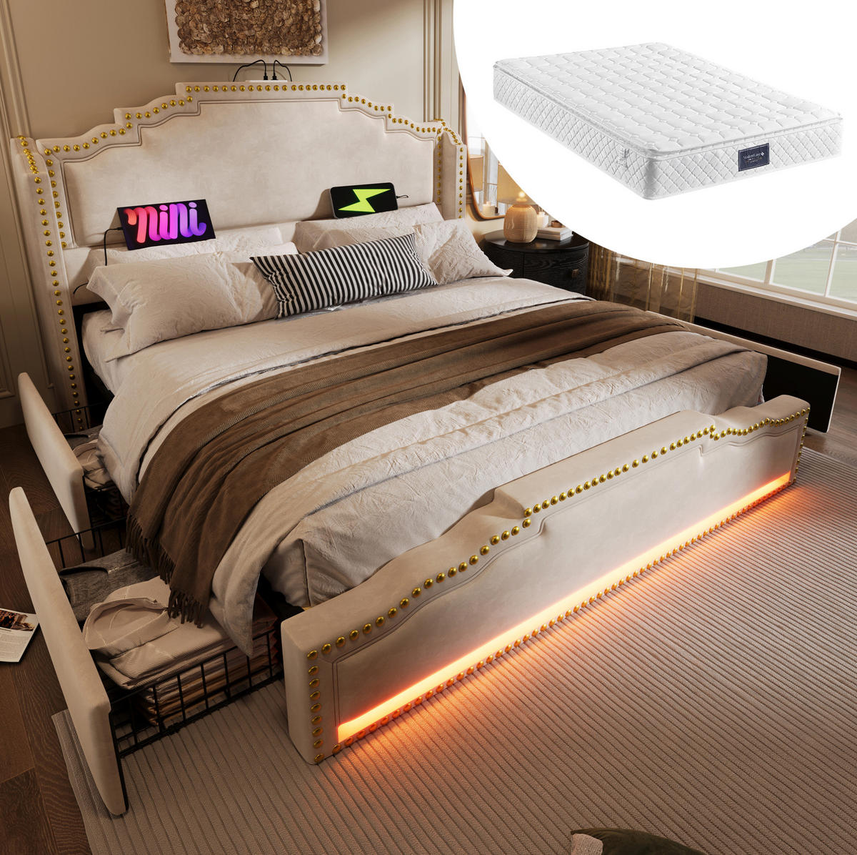 POLSTERBETT 140/200 cm Beige aus Samt mit Matratze, LED und 4 Schubladen - Beige, Textil (140/200cm) - OKMYHOME