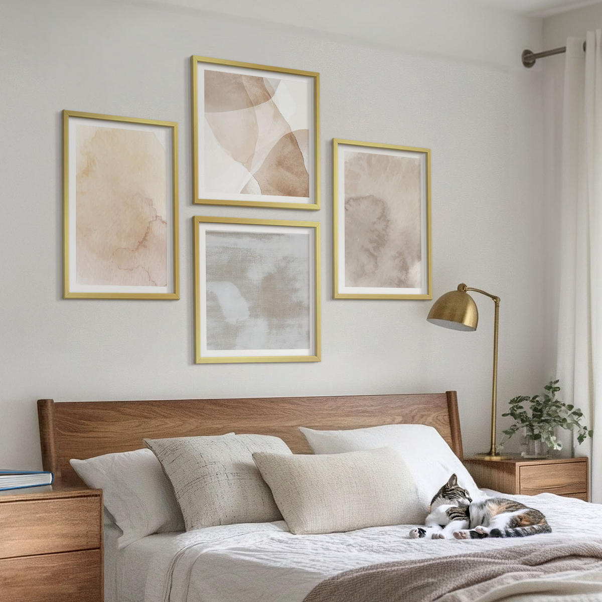WANDBILDER 4er Set - 50x50 cm & 40x60 cm Goldrahmen - Warme Aquarell-Pastelltexturen - Goldfarben, Kunststoff (50/50cm) - ArtPrintCave
