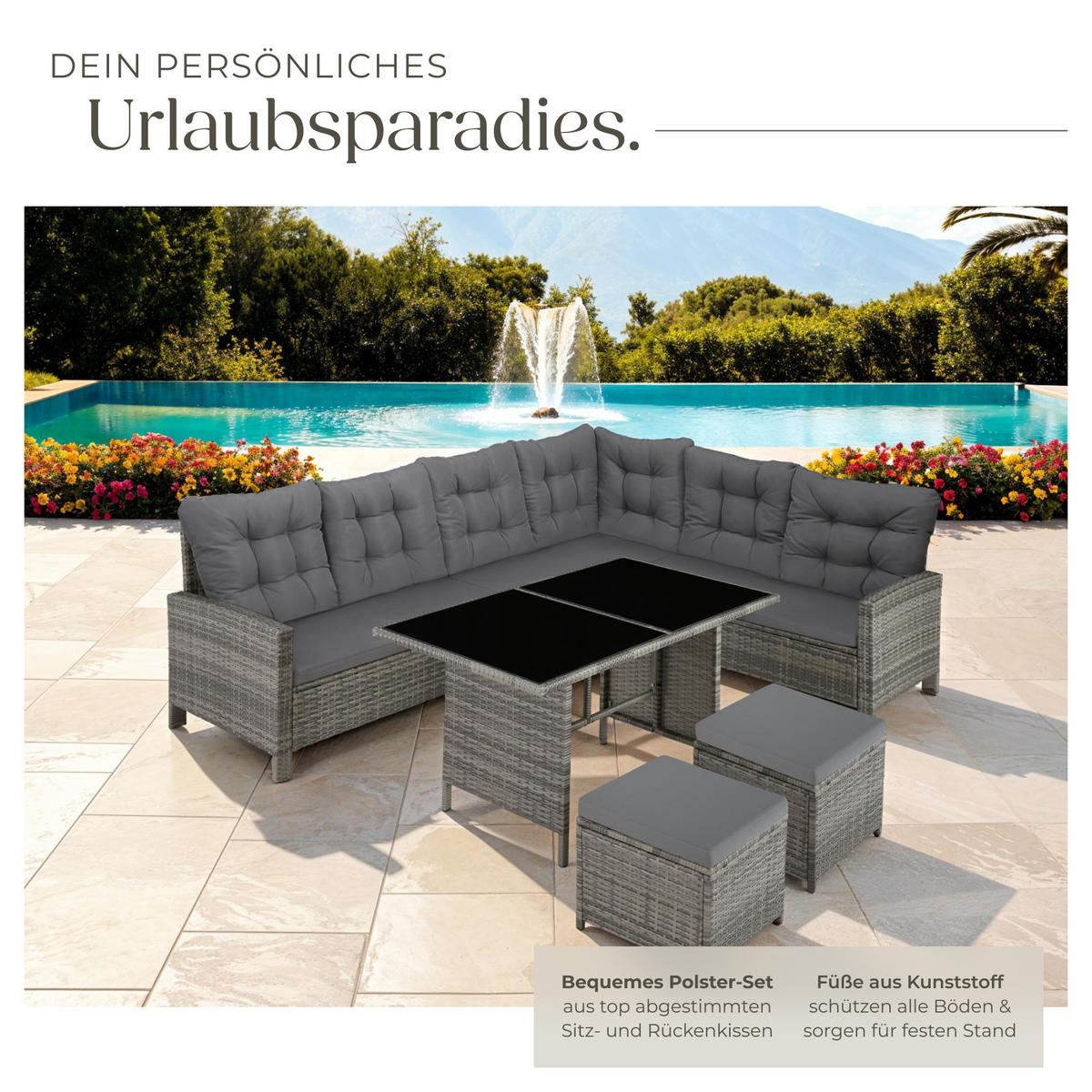 RATTANLOUNGE Barletta,mit Sicherheitsglasplatten,grau/beige - Beige/Grau, Kunststoff - tectake