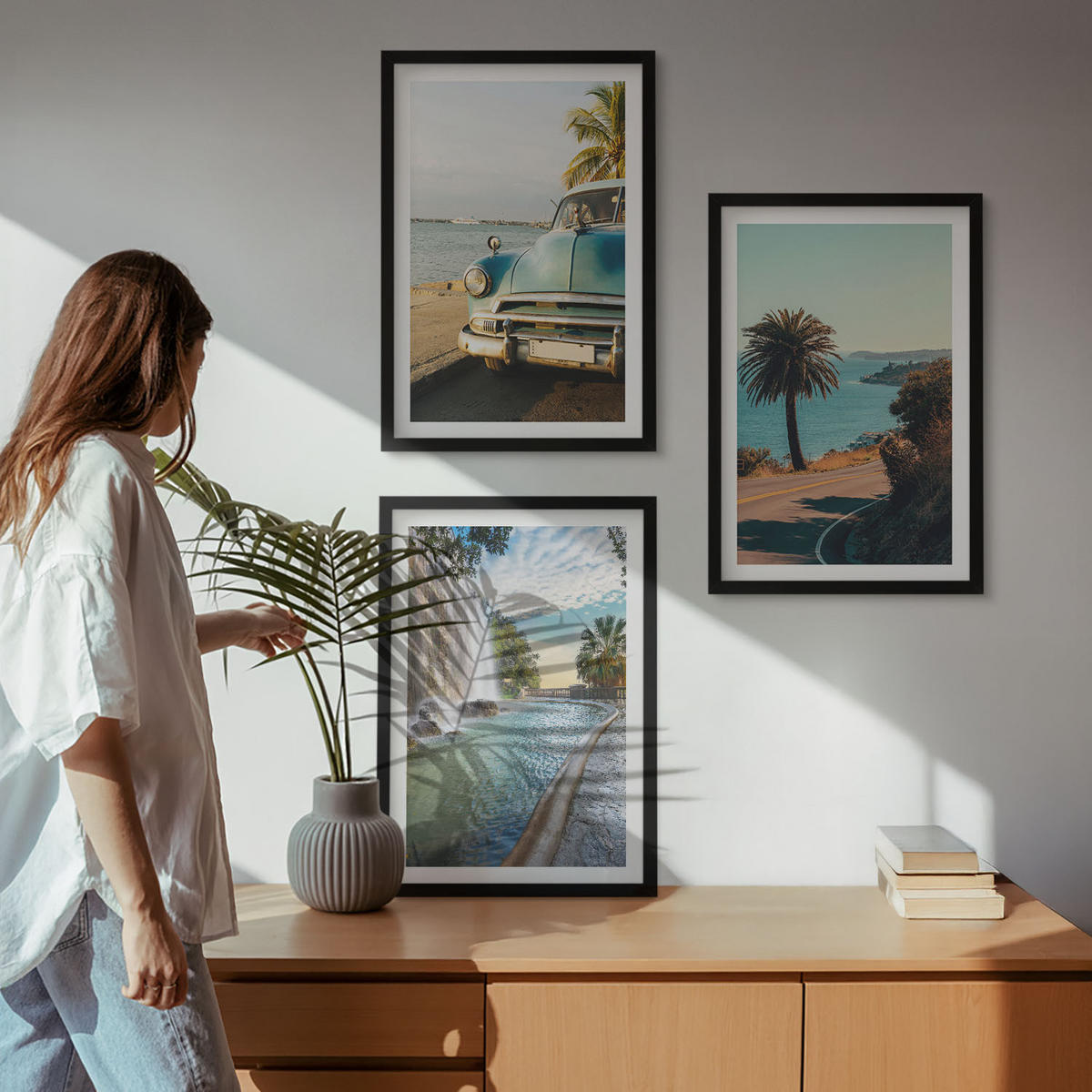 WANDBILDER 3er-Set - 40x60 cm Schwarzer Rahmen - Urlaub Palmen Wasserfall - Schwarz, Kunststoff (40/60cm) - ArtPrintCave