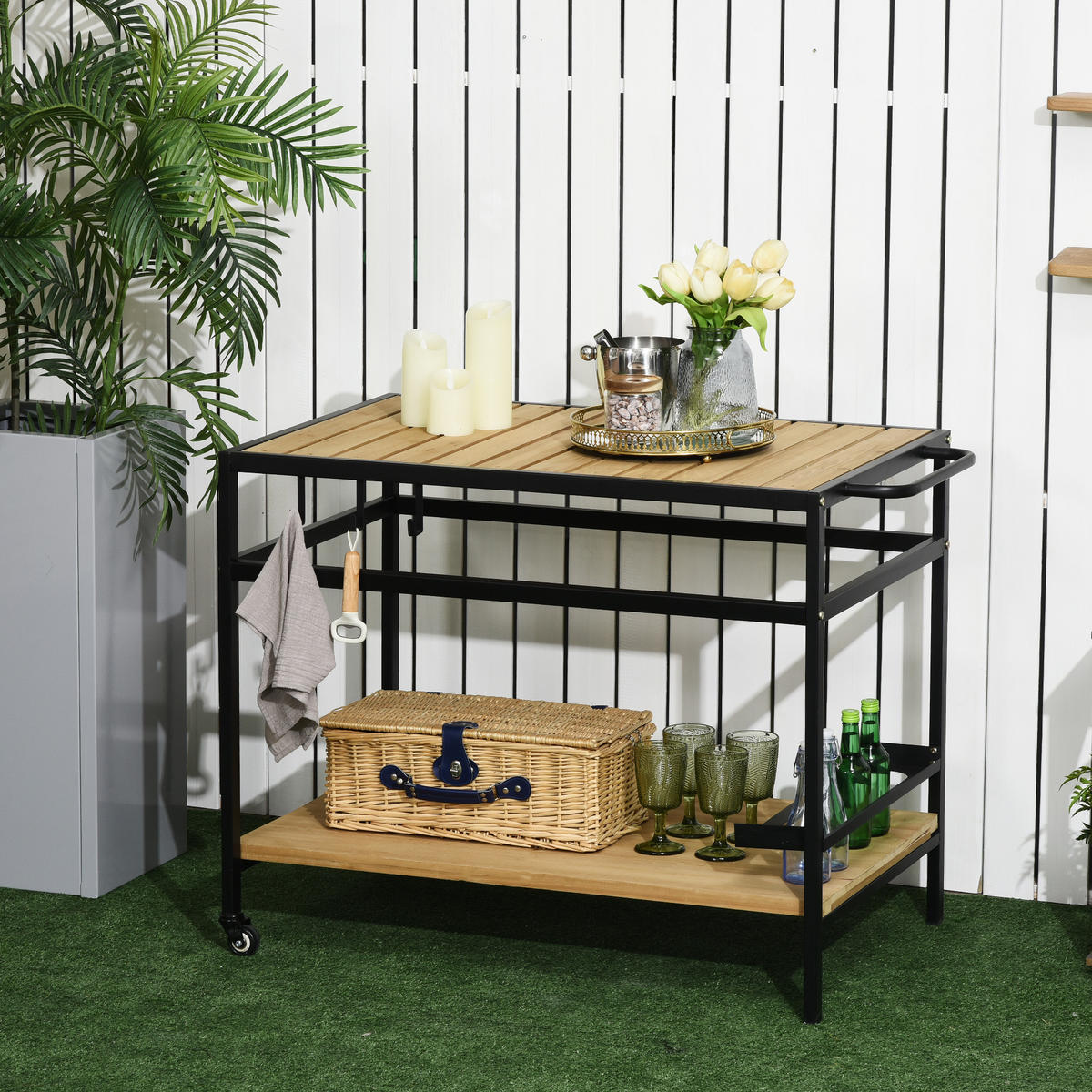 SERVIERWAGEN DE-07743 wetterbeständig, mit Haken Schwarz+Natur - Naturfarben, Metall (65/80/107cm) - ComfortXL