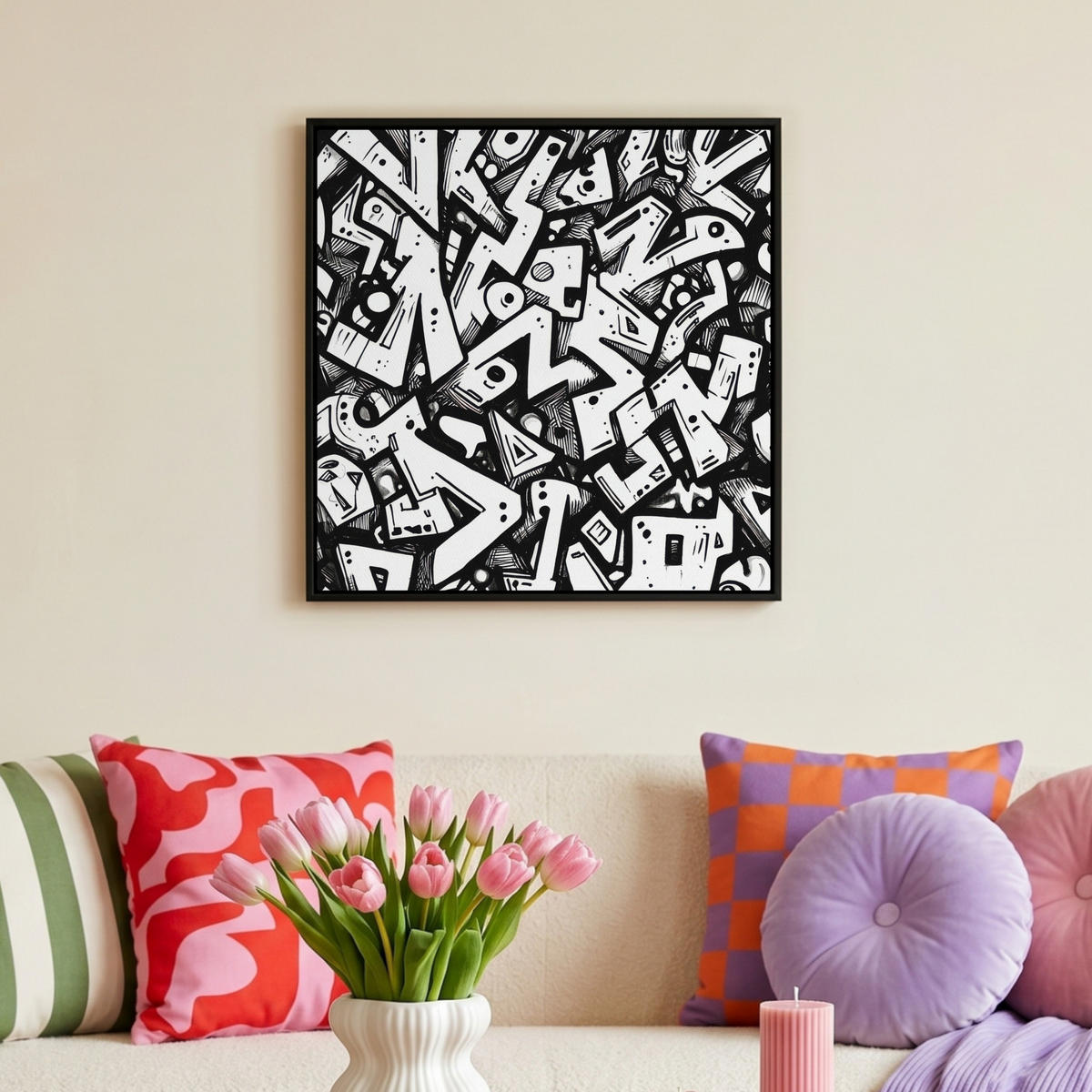 LEINWAND Bilder mit Rahmen - Formen - Buchstaben - Graffiti - Schwarz - 50x50 - Schwarz, Textil (50/50cm) - MuchoWow