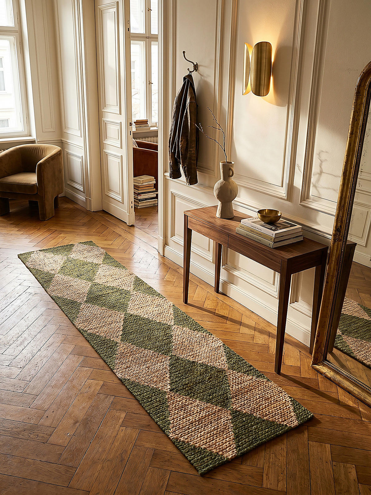 JUTETEPPICH BAIN, mit Rautenmuster, Olivegrün, 80 x 230 cm - Grün, Textil (230/80cm) - KADIMA DESIGN