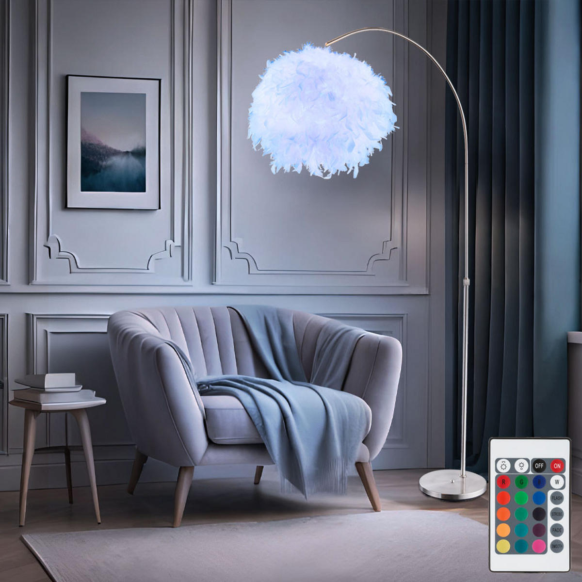 LED STEHLEUCHTE Metall Weiß Feder-Lampenschirm - Weiß, Kunststoff (96/96/196cm) - Globo Lighting