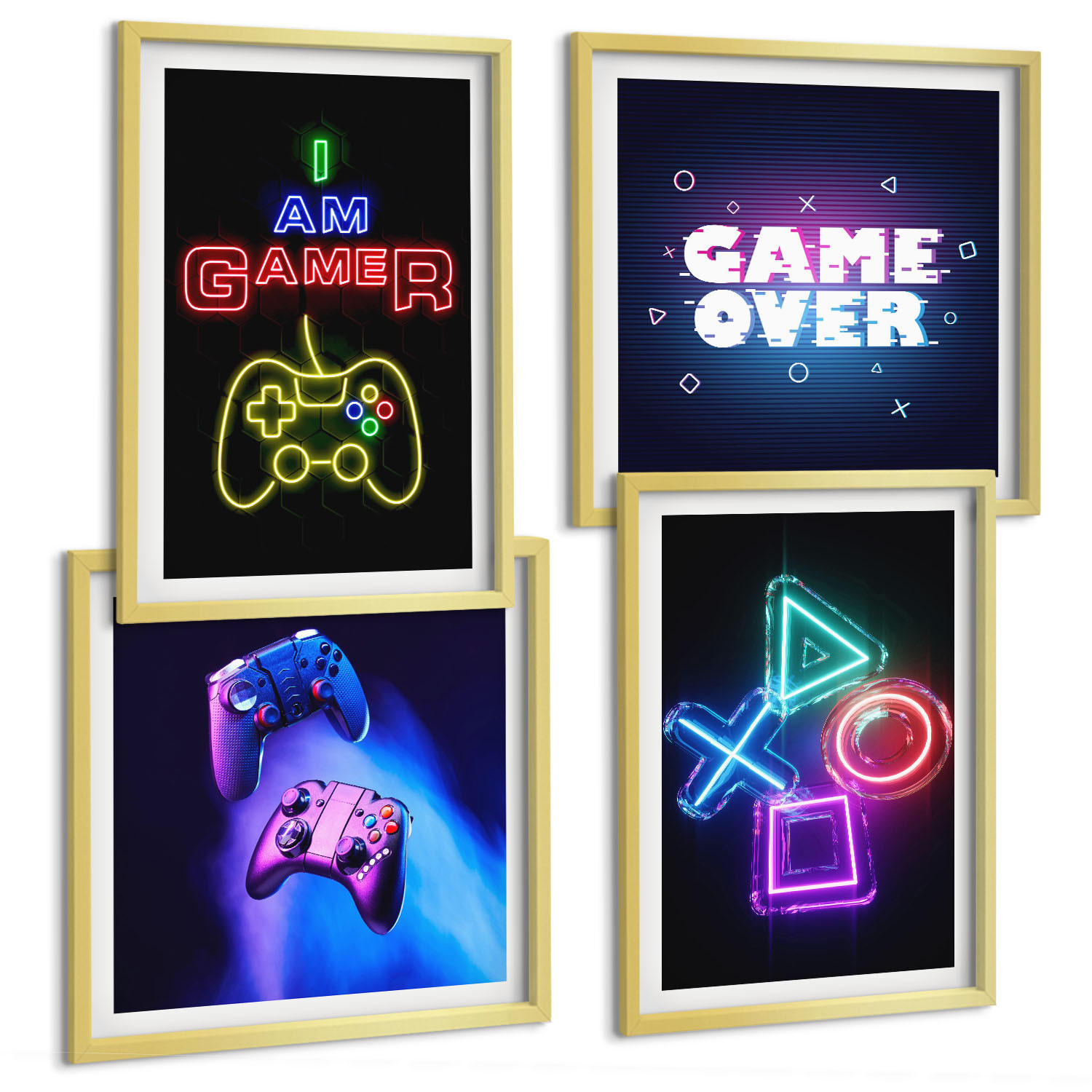 BILDER SET 4er Set - 50x50 cm & 40x60 cm Goldrahmen - Gamepads, Spielersymbol-Untertitel - Goldfarben, Kunststoff (50/50cm) - TULUP