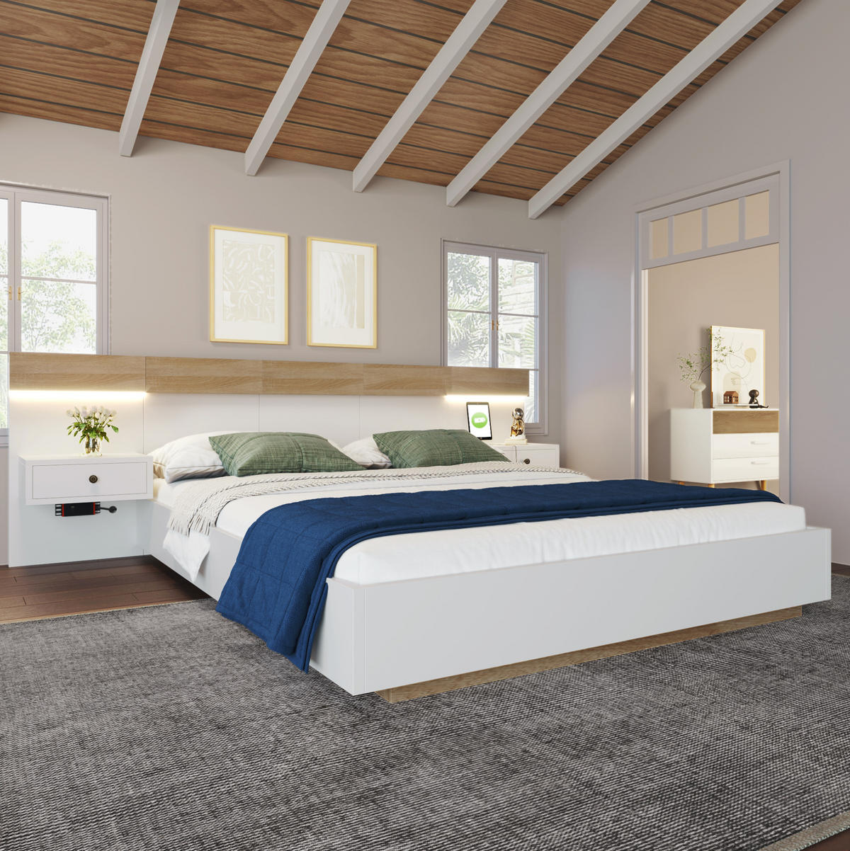 BETT 160/200 cm mit 2 LED-Nachtkommoden, USB/Typ-C und Steckdose, Schwebeoptik, Weiß/Sonoma-Eiche - Weiß, Holzwerkstoff (160/200cm) - Redom