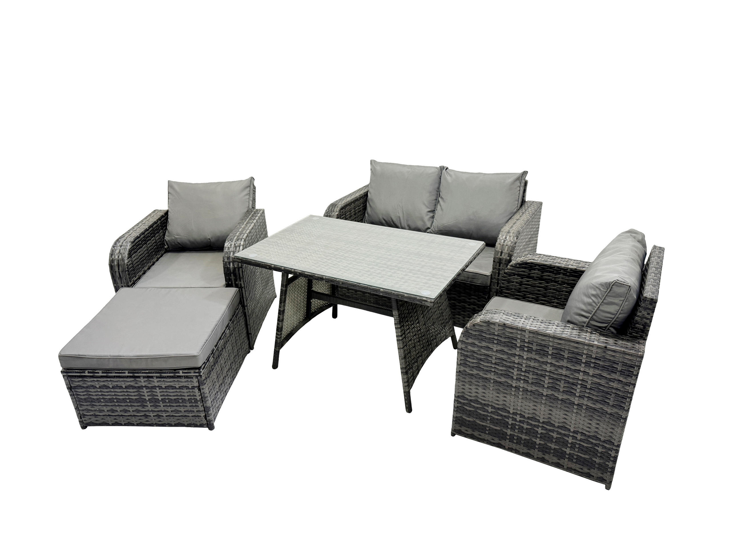 LOUNGESOFA SET mit Hocker Esstisch Polyrattan 5-Sitzer - Dunkelgrau/Grau, Glas/Kunststoff - Fimous