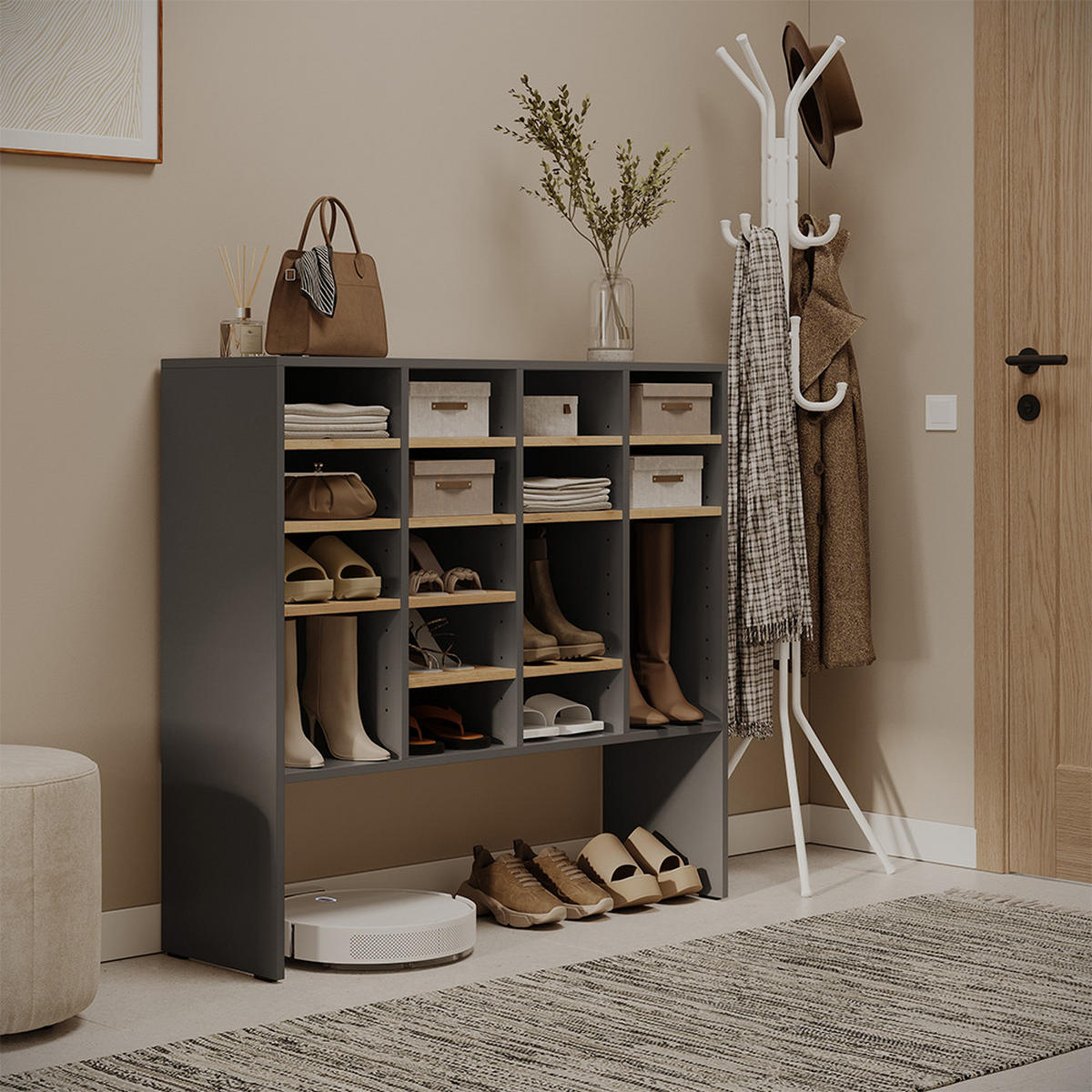 SCHUHSCHRANK Hermia, Anthrazit/Goldkraft Eiche, 104.2 x 99 cm mit 16 offenen Fächern - Honigeiche/Anthrazit, Holzwerkstoff (104.2/99/32.1cm) - Vicco