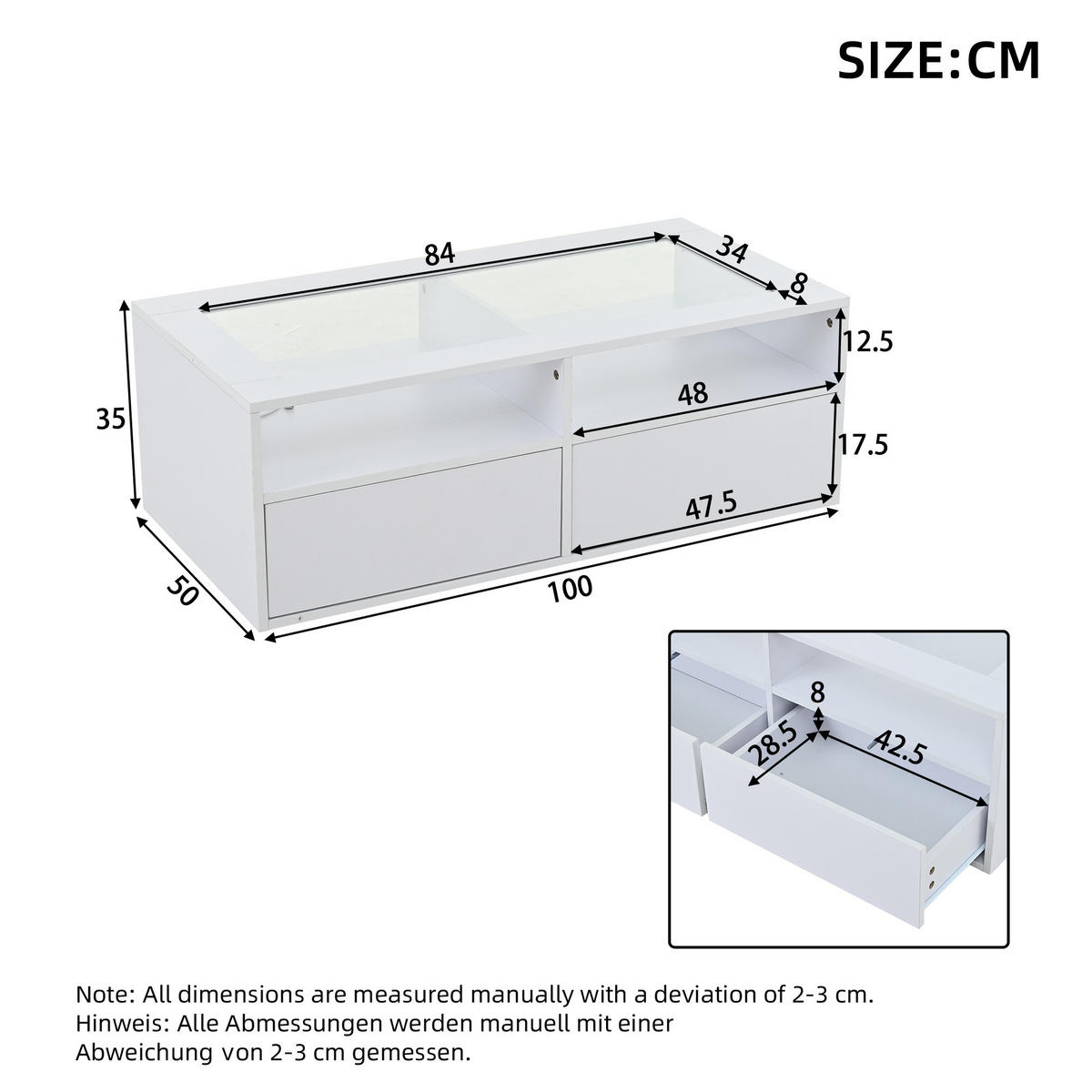 COUCHTISCH in Weiß Wohnzimmertisch mit LED-Beleuchtung, Glasplatte, 2 Schubladen & offenem Stauraum, B100/T50/H35cm - Weiß, Glas/Holzwerkstoff (50/100/35cm) - STILVORA