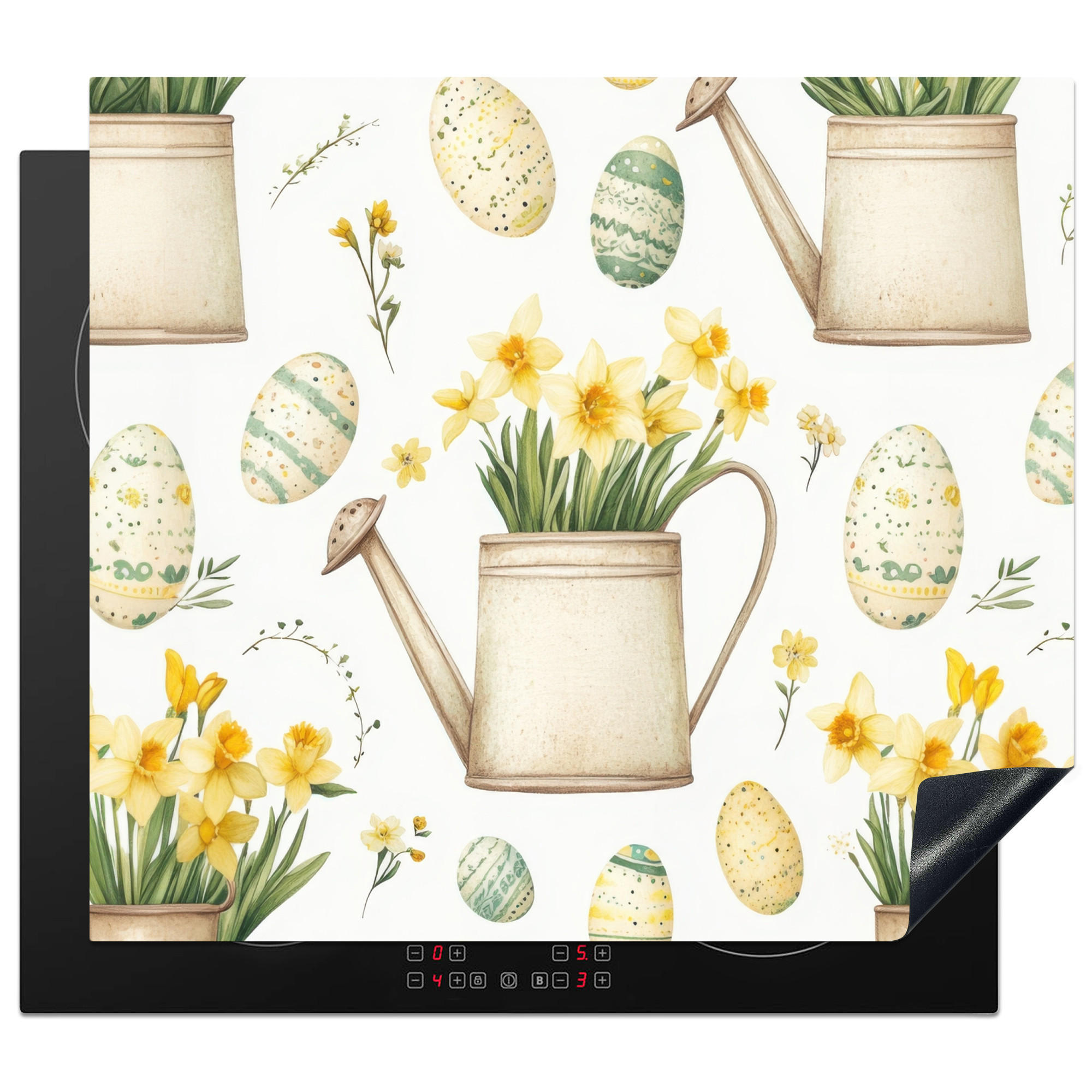 HERDABDECKPLATTE Gießkanne - Blumen - Eier Abdeckung Ceranfeld 58.3x51.3 cm - Weiß, Kunststoff (58.3/51.3/0.2cm) - MuchoWow