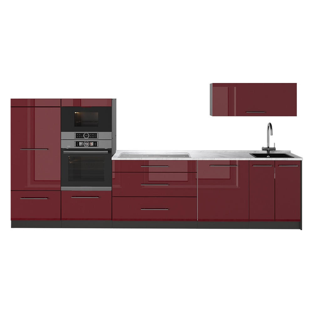 KÜCHENZEILE Fame-Line, Bordeaux Hochglanz/Anthrazit, 340 cm, AP Marmor - Bordeaux/Anthrazit, Holzwerkstoff (340/153.6/60cm) - Vicco