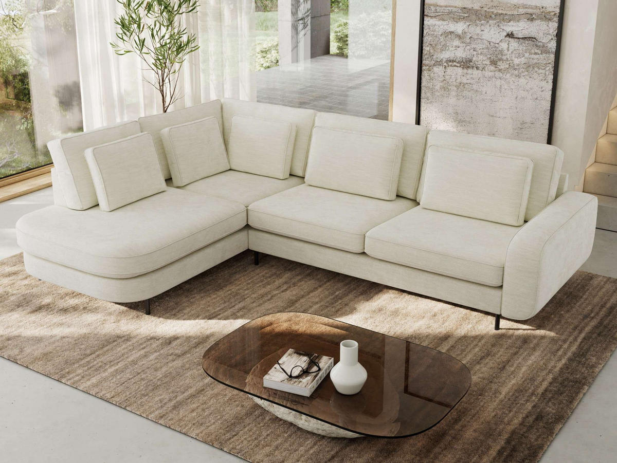 ROHOVÁ SEDAČKA CALENO L - Krémová Hrubě tkaná žinylka - Pravá Strana - černá/krémová, kov/textil (317/225cm) - MKS