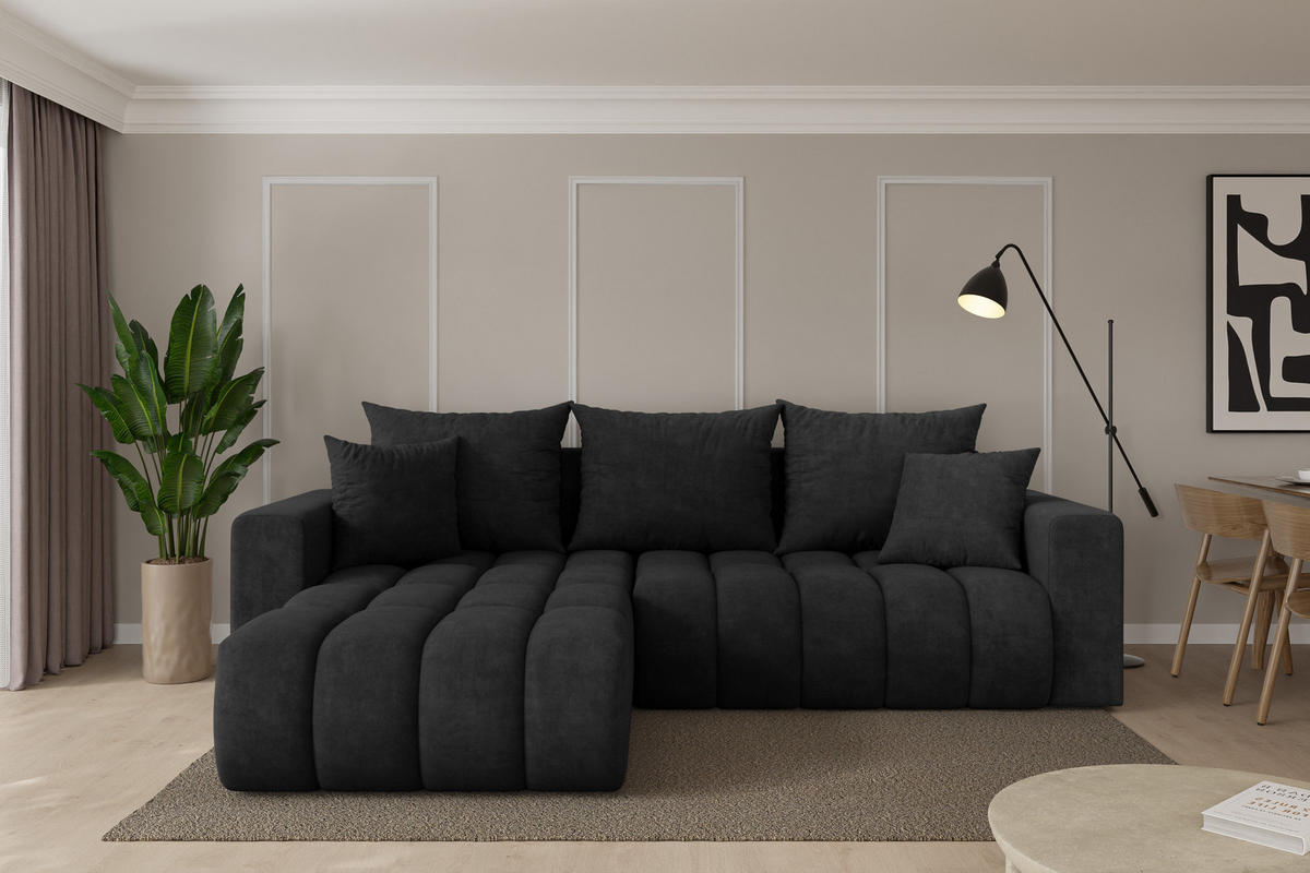 ROHOVÁ SEDAČKA s funkcí spaní, otoman vlevo MILA-L-v1 277x195x86 černá velur - černá, kompozitní dřevo/textil (277/194cm) - ALTDECOR