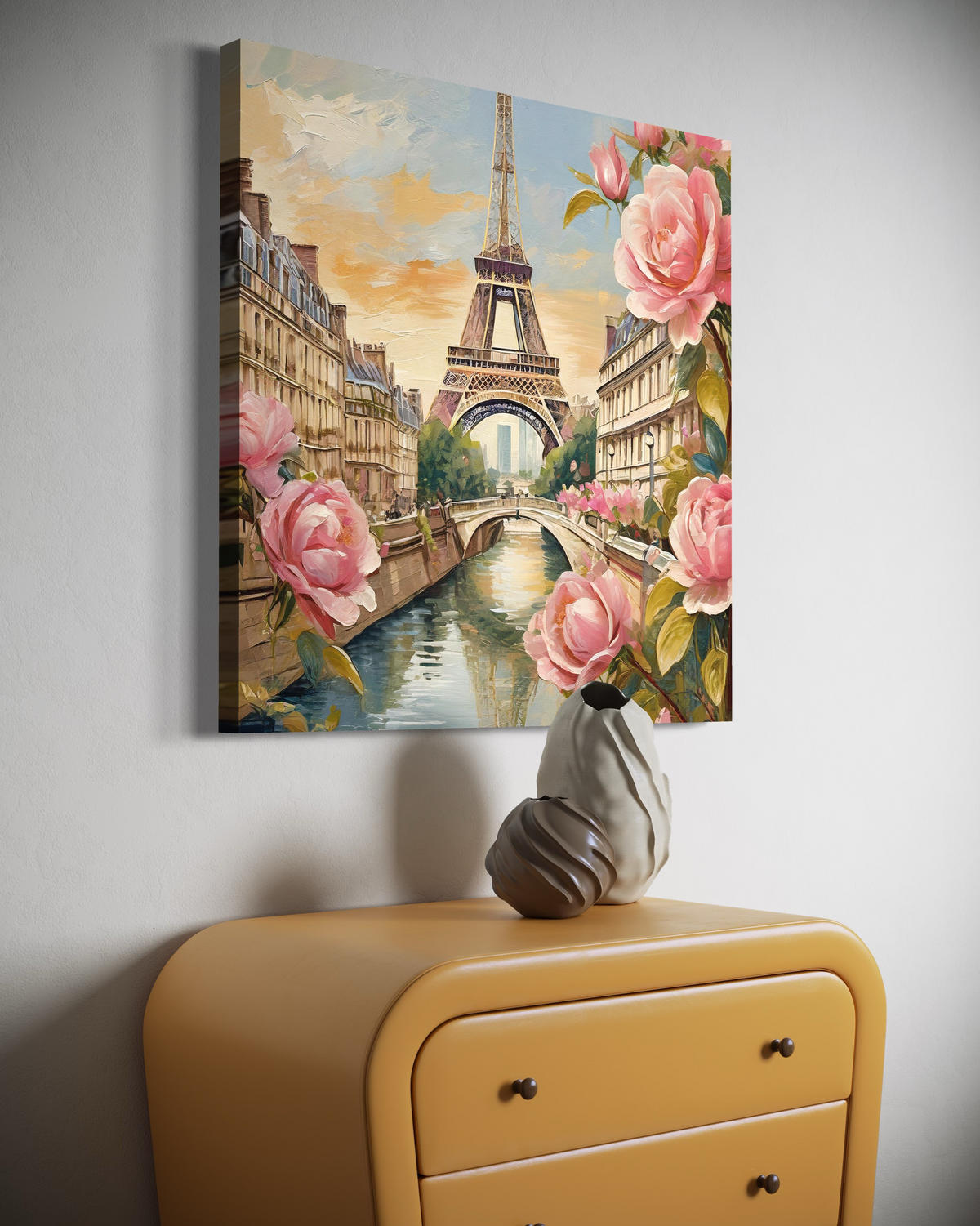 WANDBILD paris eiffelturm blumen rosen - Pink, Textil (50/50cm) - Feeby