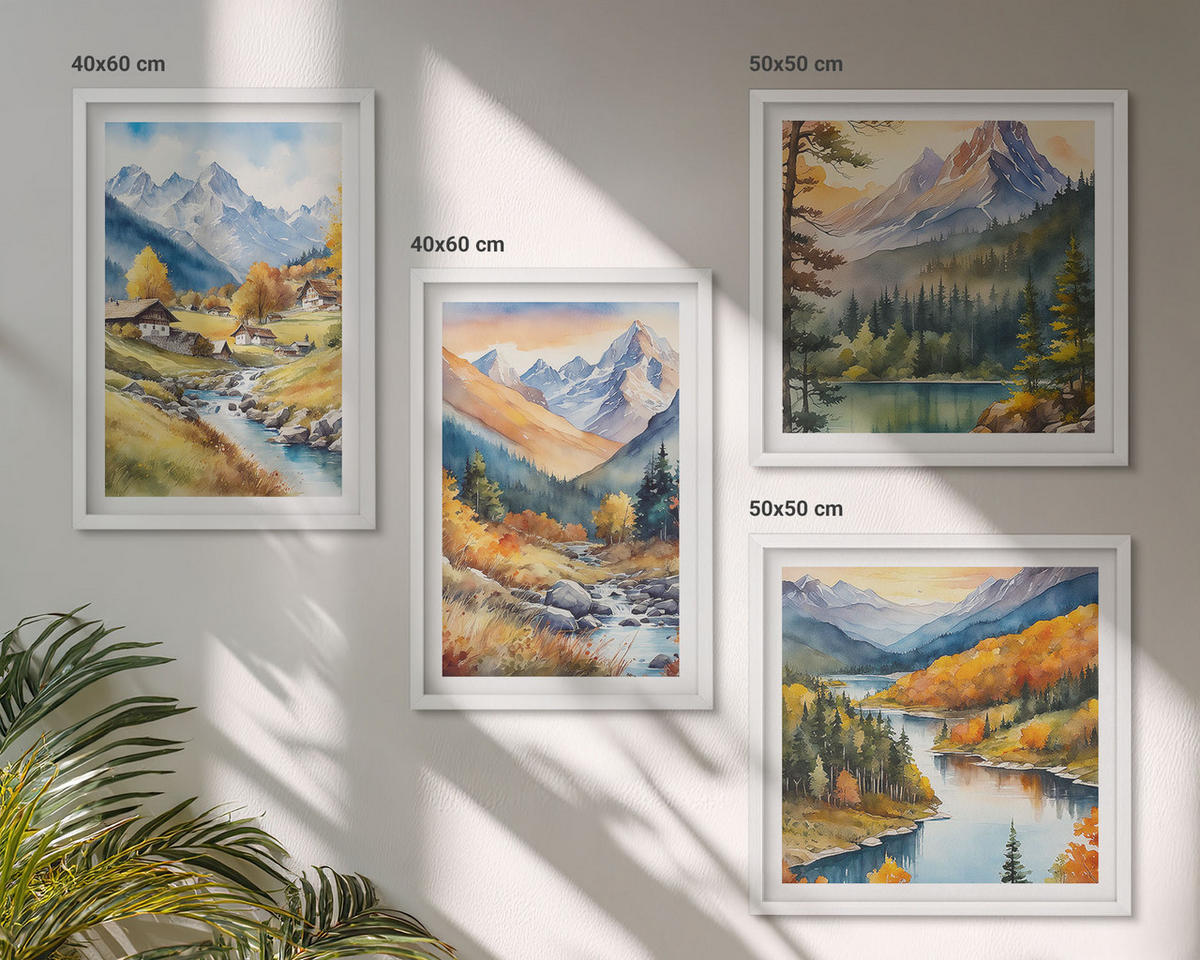 BILDER SET 4er Set - 50x50 cm & 40x60 cm Weißer Rahmen - Berglandschaft, Flusshütten - Weiß, Kunststoff (50/50cm) - TULUP