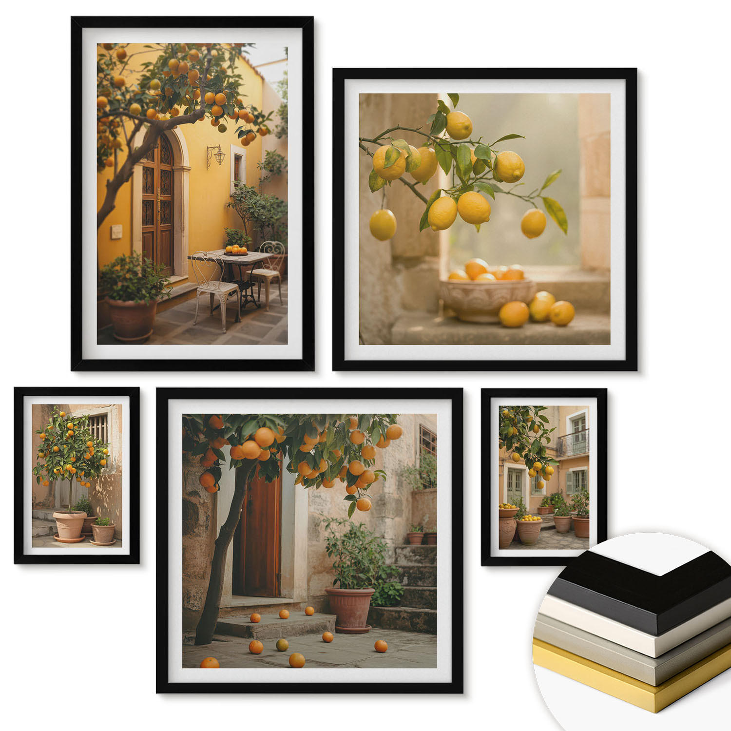 WANDBILDER 5er-Set - 50x50 cm & 20x30 cm & 40x60 cm Schwarzer Rahmen - Terrasse mit Zitrusbäumen - Schwarz, Kunststoff (40/60cm) - ArtPrintCave