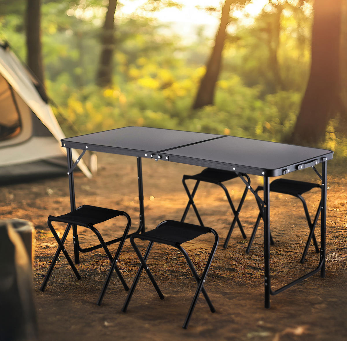 GARTENSET Tisch und 4 Stühlen, 120/60 cm, Höhenverstellbar - Schwarz, Metall - Outtec