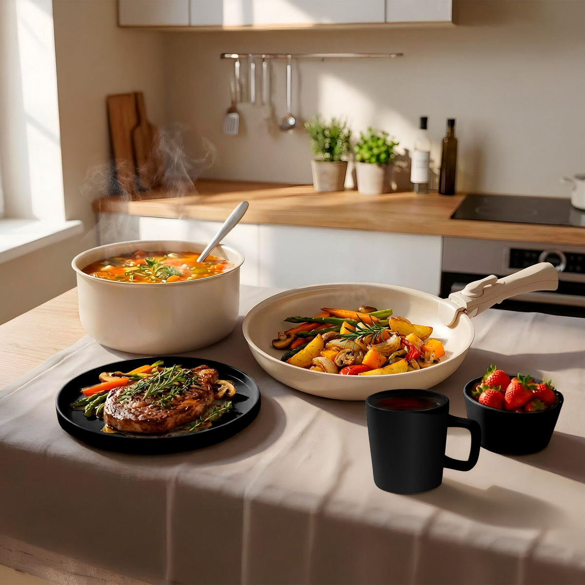 KÜCHENSTARTERSET 46er Set Una/Genua, inklusive Küchenwerkzeugen, Topfschonern und anklemmbaren Griffen, schwarz/weiß - Schwarz/Weiß, Keramik - tectake