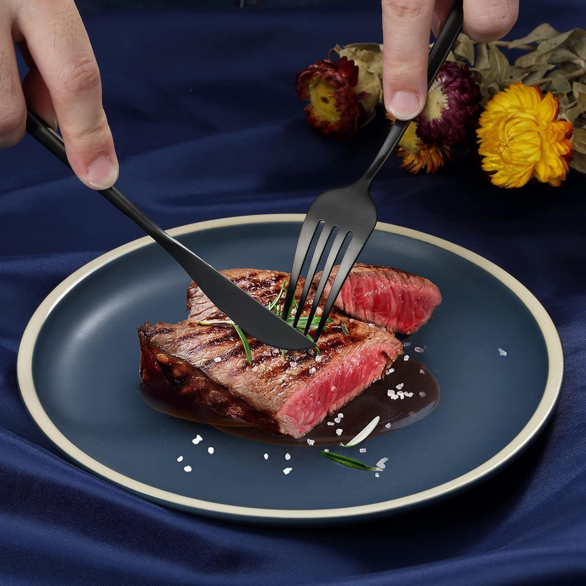 BESTECKSET 6 Personen 30-teilig Edelstahl, Spülmaschinenfest - Schwarz, Metall - Kaket