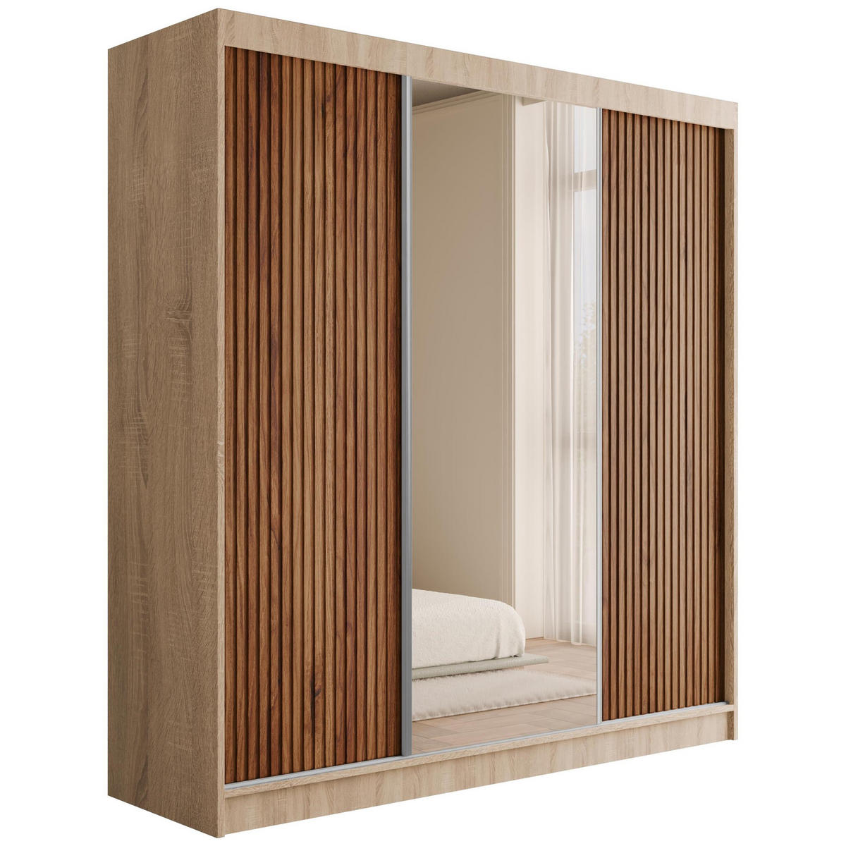 KLEIDERSCHRANK mit Spiegel V2-PRESTIG 215x200 cm - Sonoma Eiche|Braun - Braun/Sonoma Eiche, Holzwerkstoff (200/215/61cm) - ALTDECOR