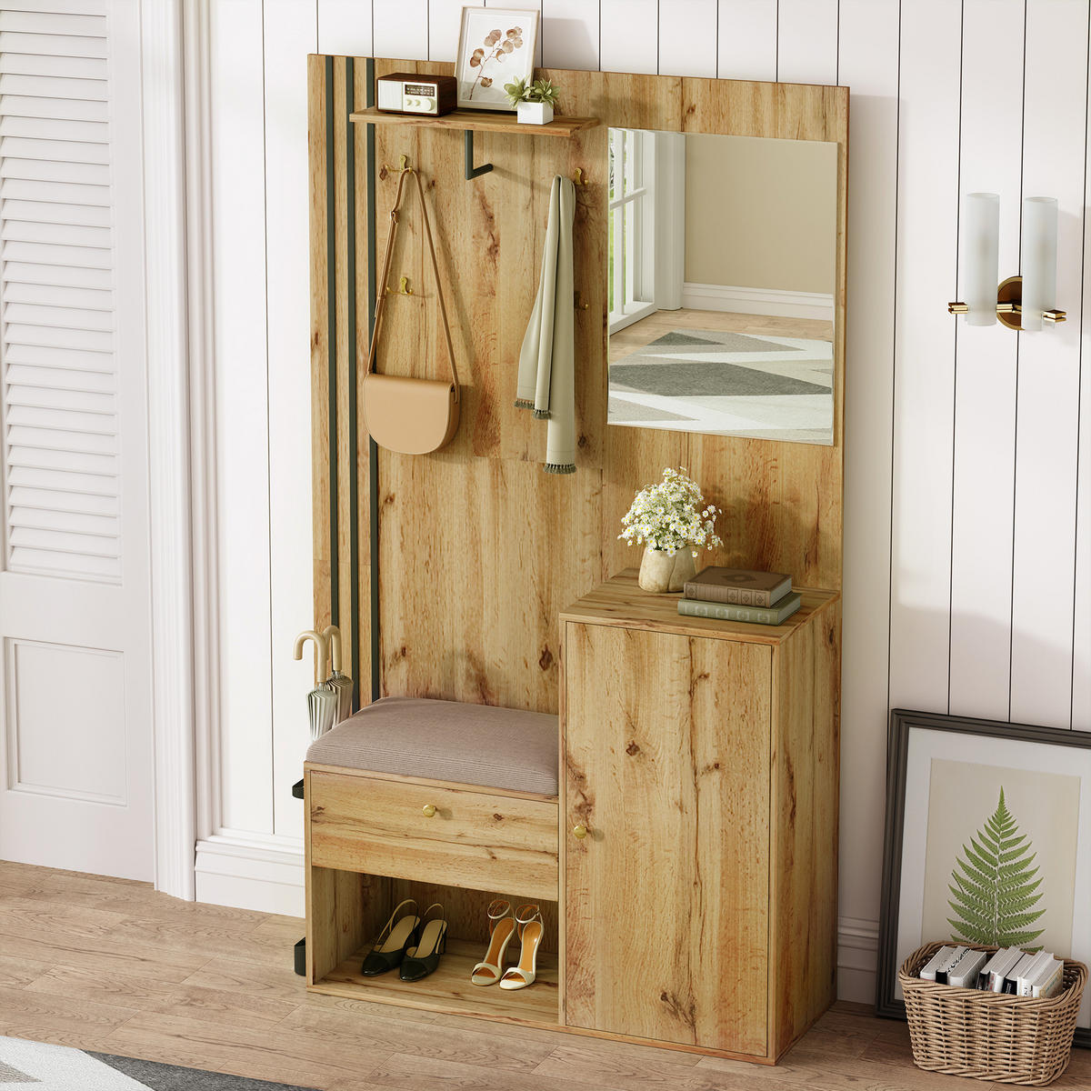 GARDEROBENSET 115x185x37 cm Spiegel Kissen Stauraum - Naturfarben, Holz (115/185/37cm) - LEBENLANG