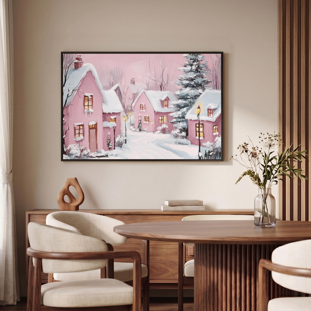 LEINWAND Bilder mit Rahmen - Weihnachtsdorf - Rosa - Winter - Schnee - Häuser - 90x60 - Altrosa, Textil (90/60cm) - MuchoWow