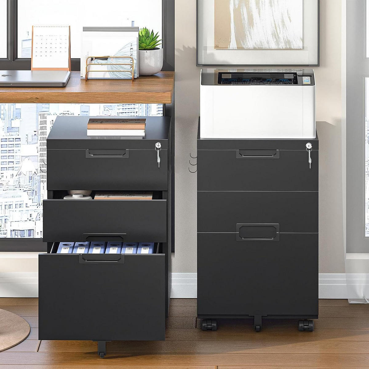 ROLLCONTAINER Schwarz Bürocontainer abschließbar - Schwarz, Metall (52/67/39cm) - Hoobro