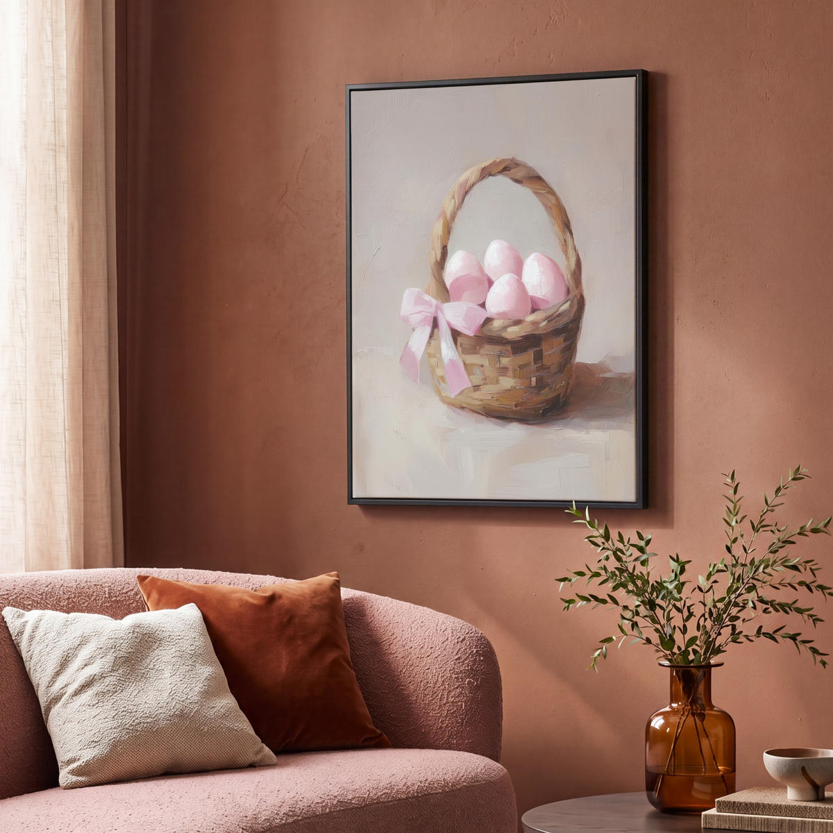 LEINWAND Bilder mit Rahmen - Korb - Eier - Rosa - 70x100 - Beige, Textil (70/100cm) - MuchoWow