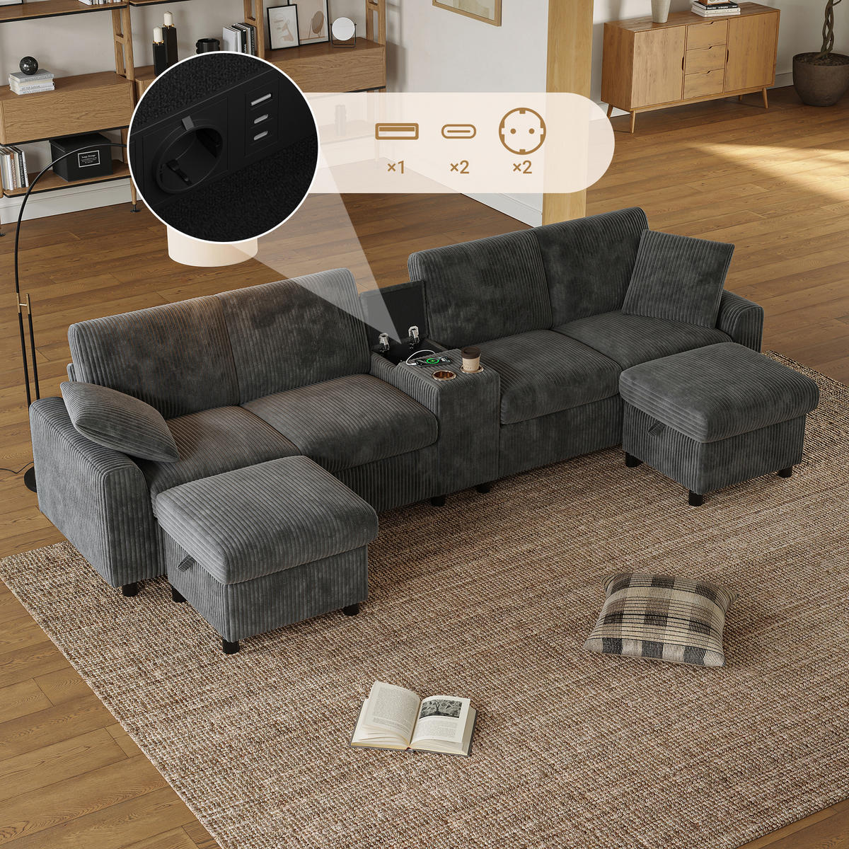 WOHNLANDSCHAFT Cord Grau mit Stauraum, USB, Type-C und Steckdosen - Grau, Holzwerkstoff/Kunststoff (315/81/135cm) - WISHDOR