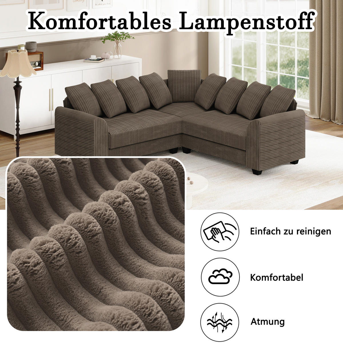 ECKSOFA Cord mit tiefem Sitz, Kissen 202/202/74 cm Braun - Braun, Textil (202/202cm) - Redom
