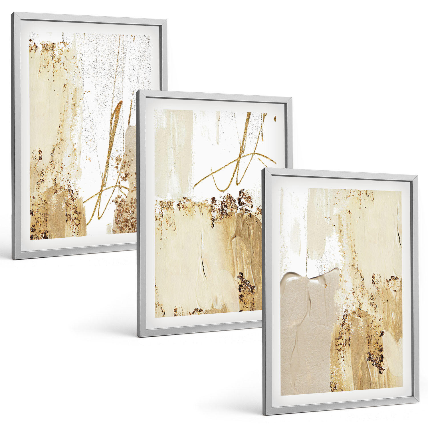 BILDER SET 3er Set - 40x60 cm Silberner Rahmen - Abstrakte Muster beige weiß - Silberfarben, Kunststoff (40/60cm) - TULUP