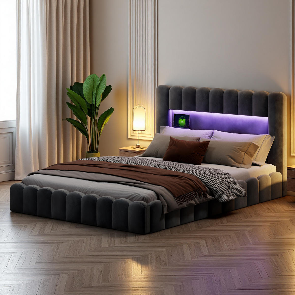 POLSTERBETT 180x200 cm Bubble Design LED USB Stauraum grau - Grau, Holz (180/200cm) - LEBENLANG