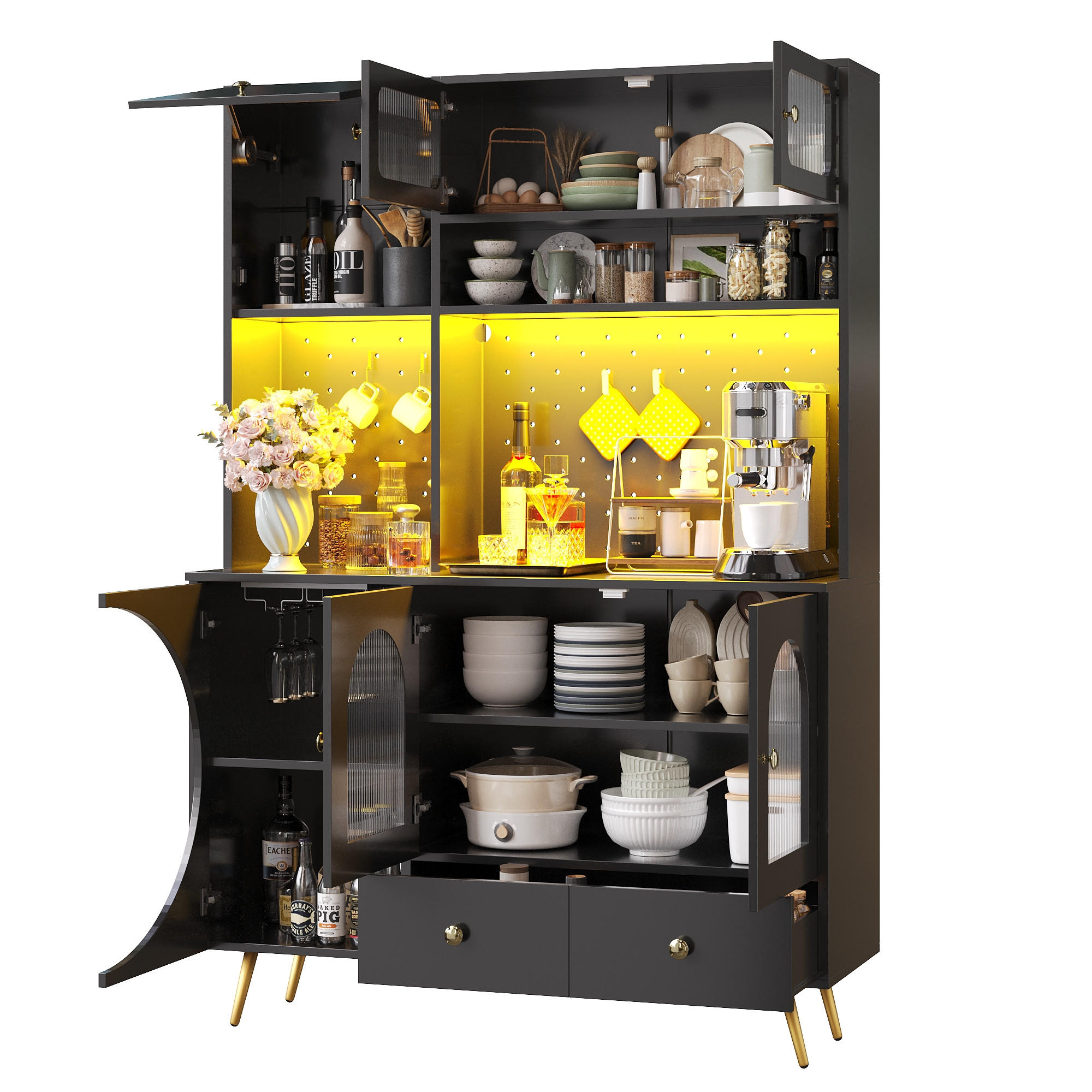 GESCHIRRSCHRANK aus MDF+Glas 120x40x176cm in Schwarz mit LED & Steckdose - Schwarz, Holzwerkstoff (120/176/40cm) - Modfu